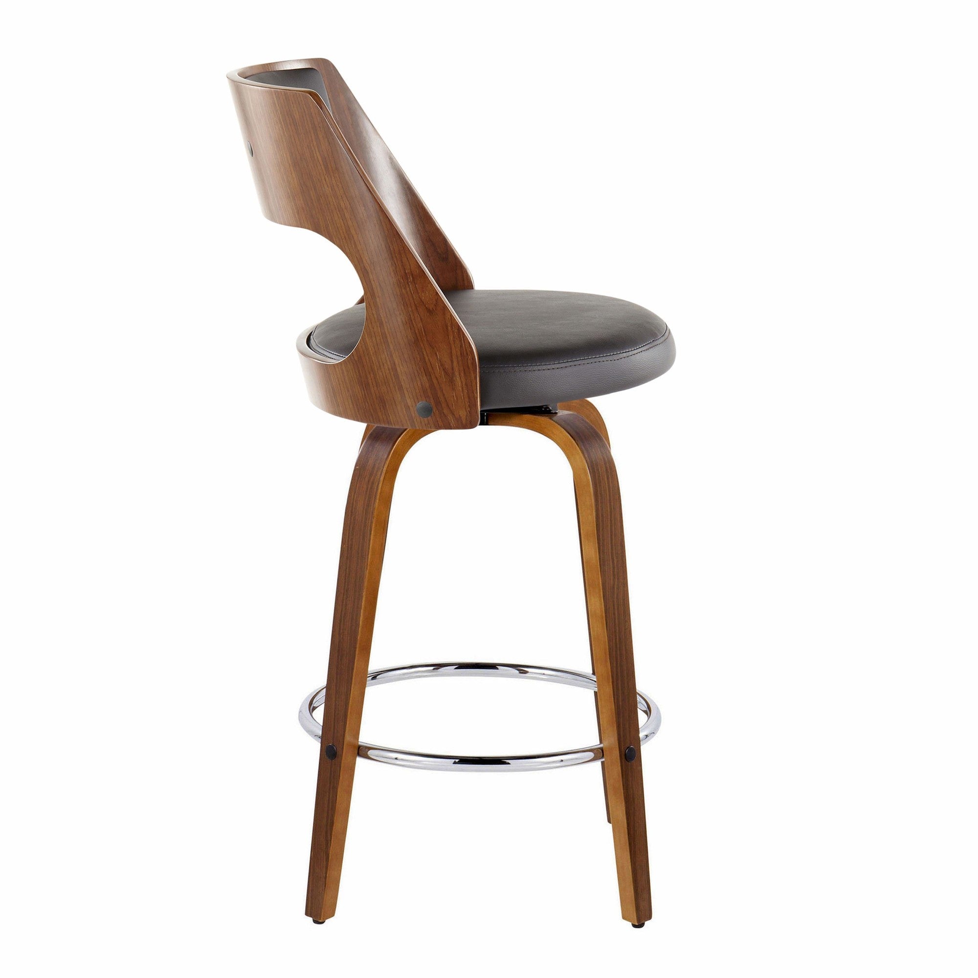 Cecina 26'' Fixed-Height Counter Stool - Set of 2 - Walnut Wood, Brown PU, Chrome Metal
