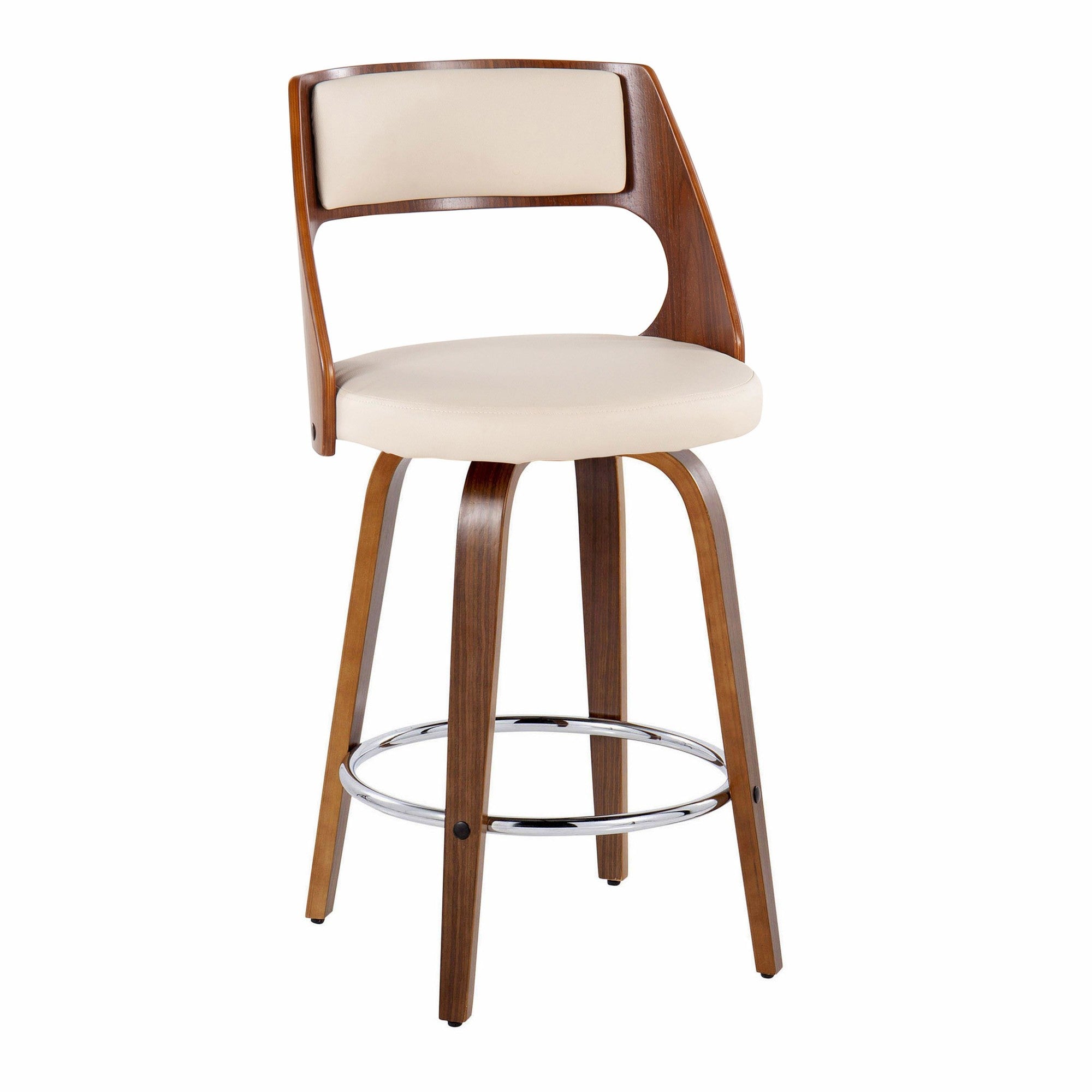 Cecina 26'' Fixed-Height Counter Stool - Set of 2 - Walnut Wood, Cream PU, Chrome Metal