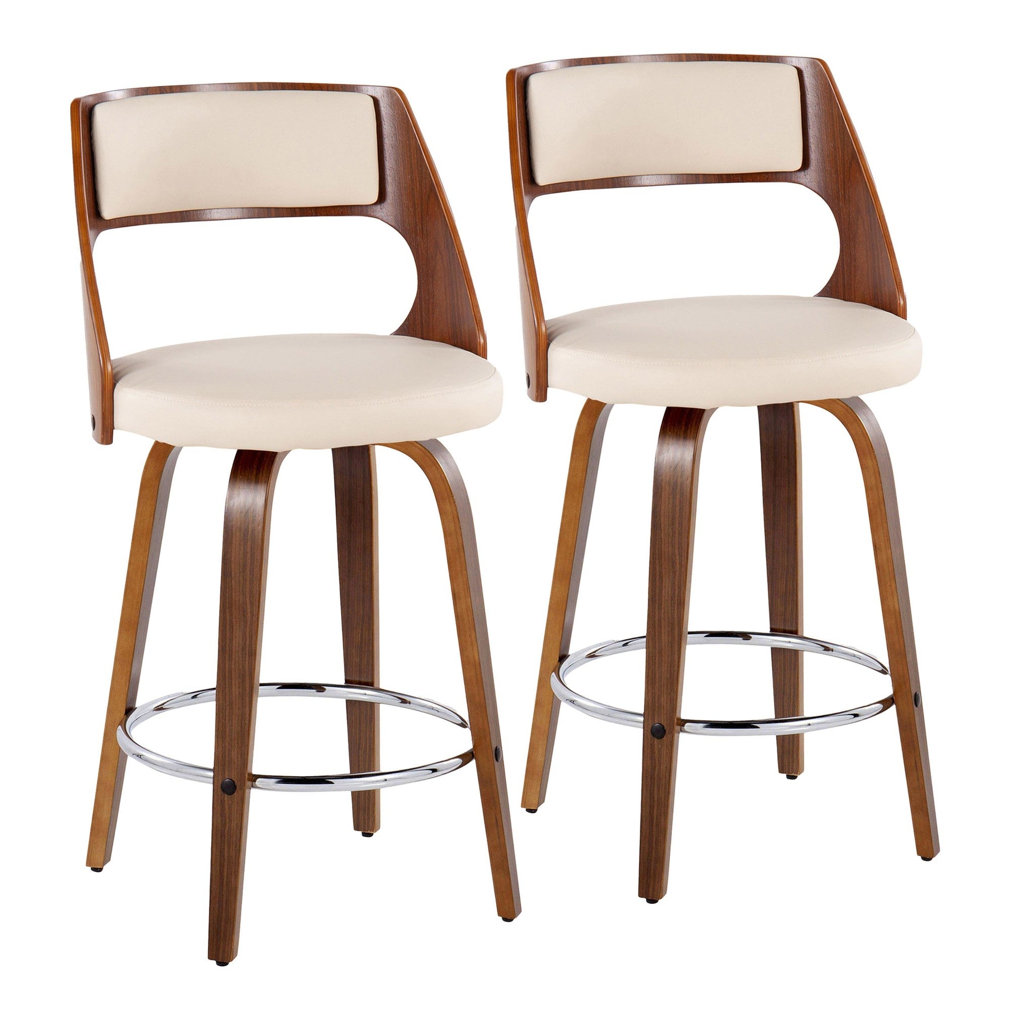 Cecina 26'' Fixed-Height Counter Stool - Set of 2 - Walnut Wood, Cream PU, Chrome Metal