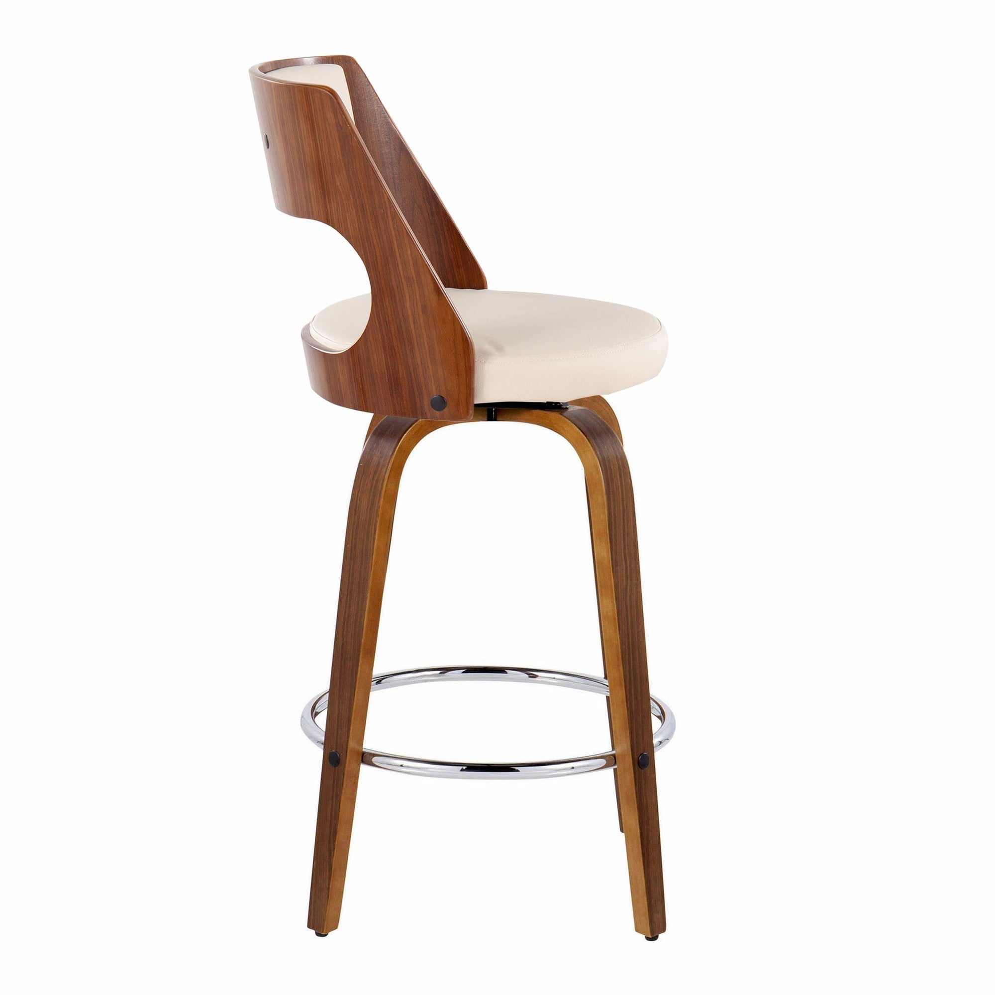 Cecina 26'' Fixed-Height Counter Stool - Set of 2 - Walnut Wood, Cream PU, Chrome Metal