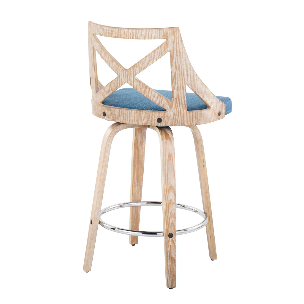 Charlotte 26" Fixed-Height Counter Stool - Set of 2 - Whitewashed Wood, Chrome Metal, Blue Fabric