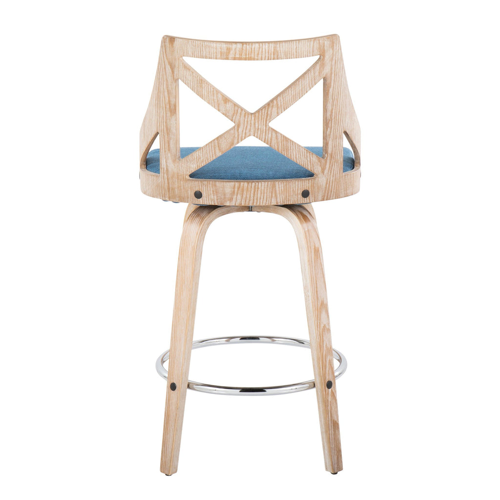Charlotte 26" Fixed-Height Counter Stool - Set of 2 - Whitewashed Wood, Chrome Metal, Blue Fabric