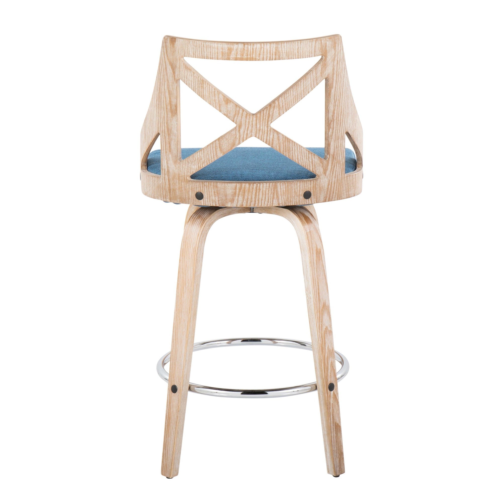 Charlotte 26" Fixed-Height Counter Stool - Set of 2 - Whitewashed Wood, Chrome Metal, Blue Fabric