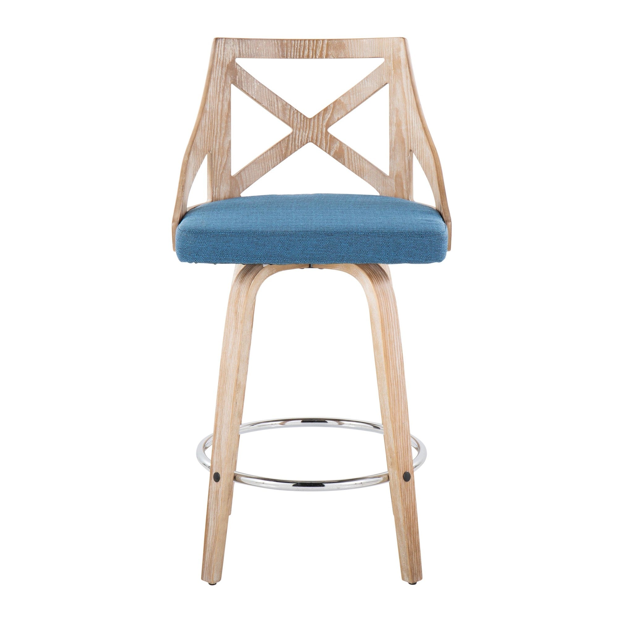Charlotte 26" Fixed-Height Counter Stool - Set of 2 - Whitewashed Wood, Chrome Metal, Blue Fabric