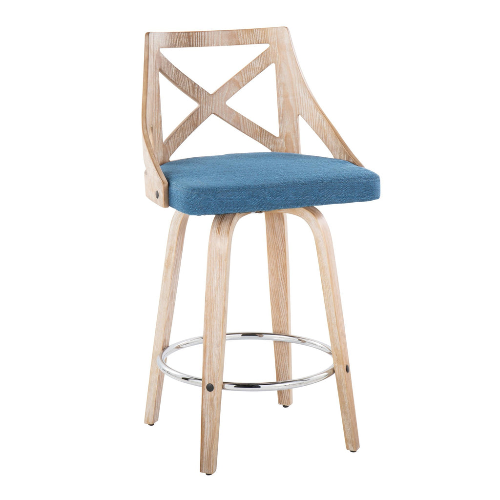Charlotte 26" Fixed-Height Counter Stool - Set of 2 - Whitewashed Wood, Chrome Metal, Blue Fabric