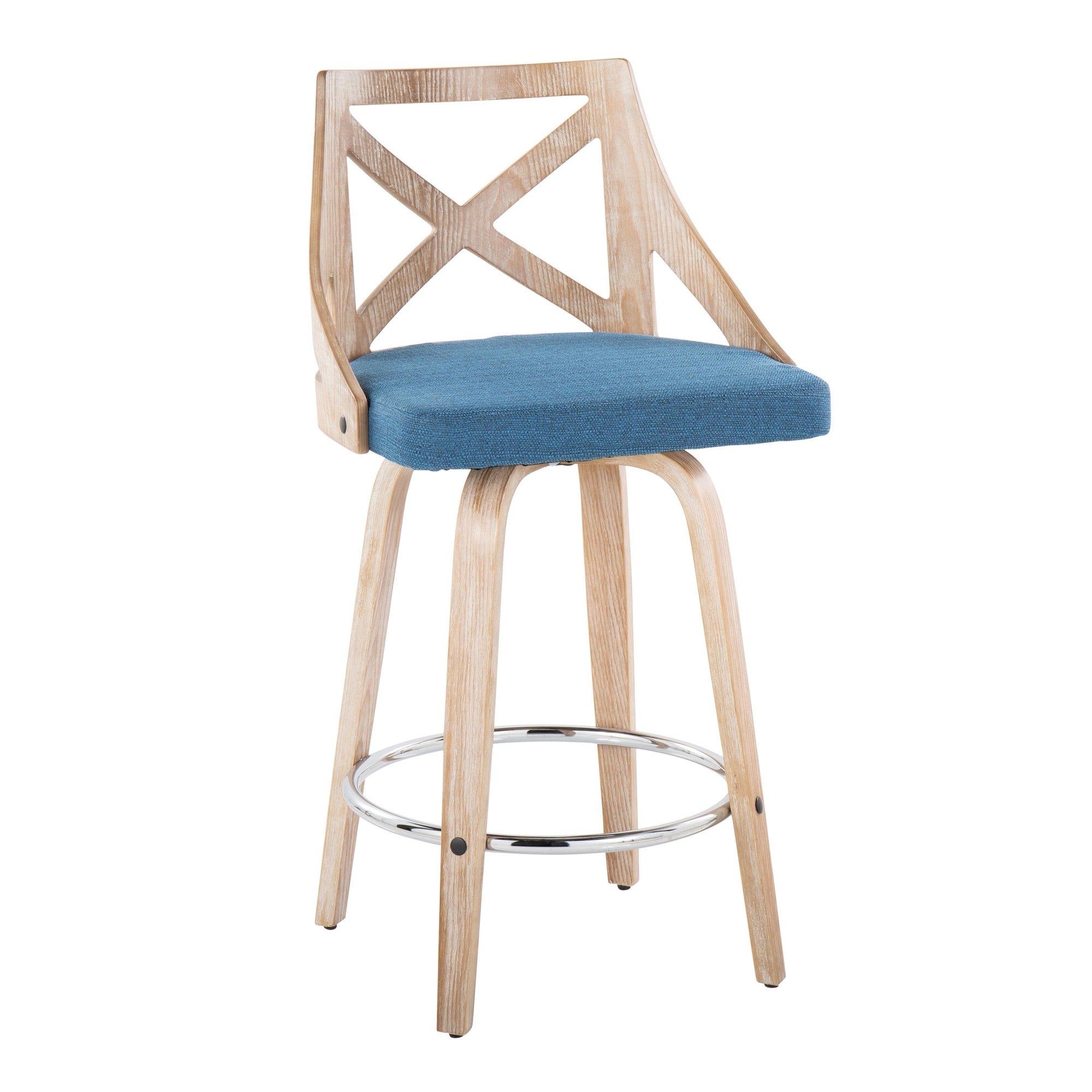 Charlotte 26" Fixed-Height Counter Stool - Set of 2 - Whitewashed Wood, Chrome Metal, Blue Fabric