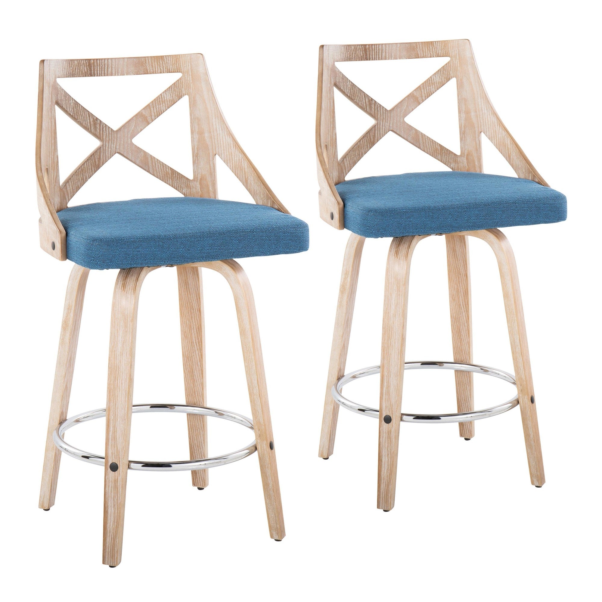 Charlotte 26" Fixed-Height Counter Stool - Set of 2 - Whitewashed Wood, Chrome Metal, Blue Fabric