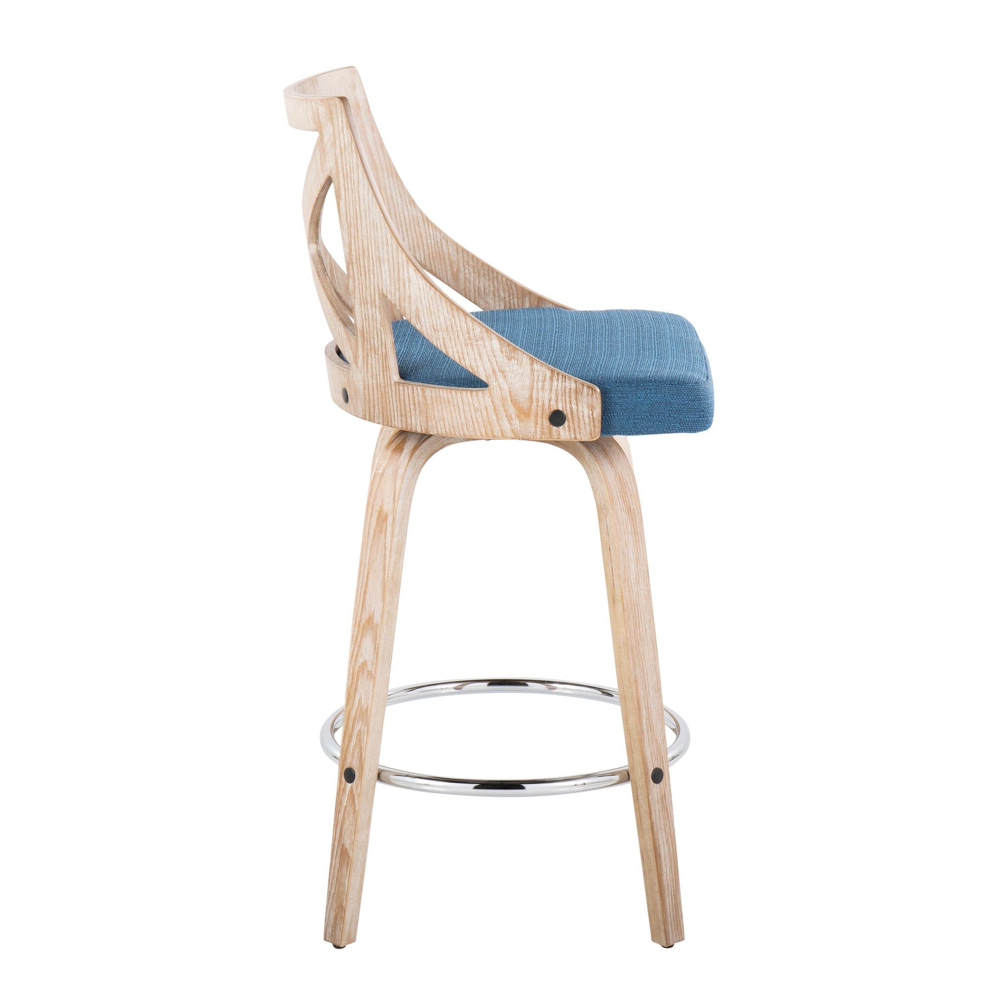 Charlotte 26" Fixed-Height Counter Stool - Set of 2 - Whitewashed Wood, Chrome Metal, Blue Fabric