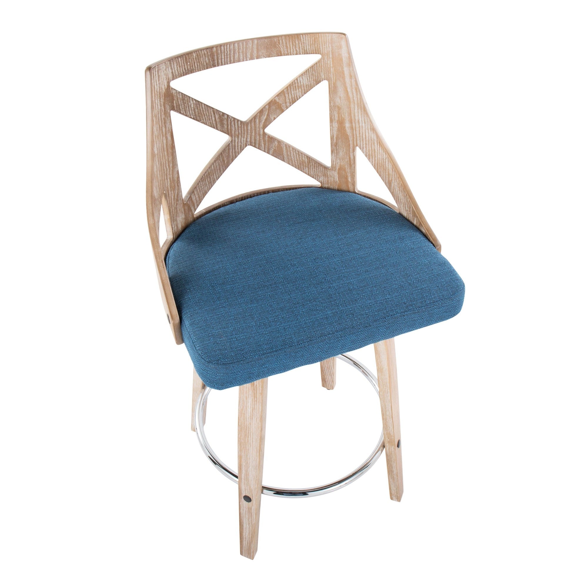 Charlotte 26" Fixed-Height Counter Stool - Set of 2 - Whitewashed Wood, Chrome Metal, Blue Fabric