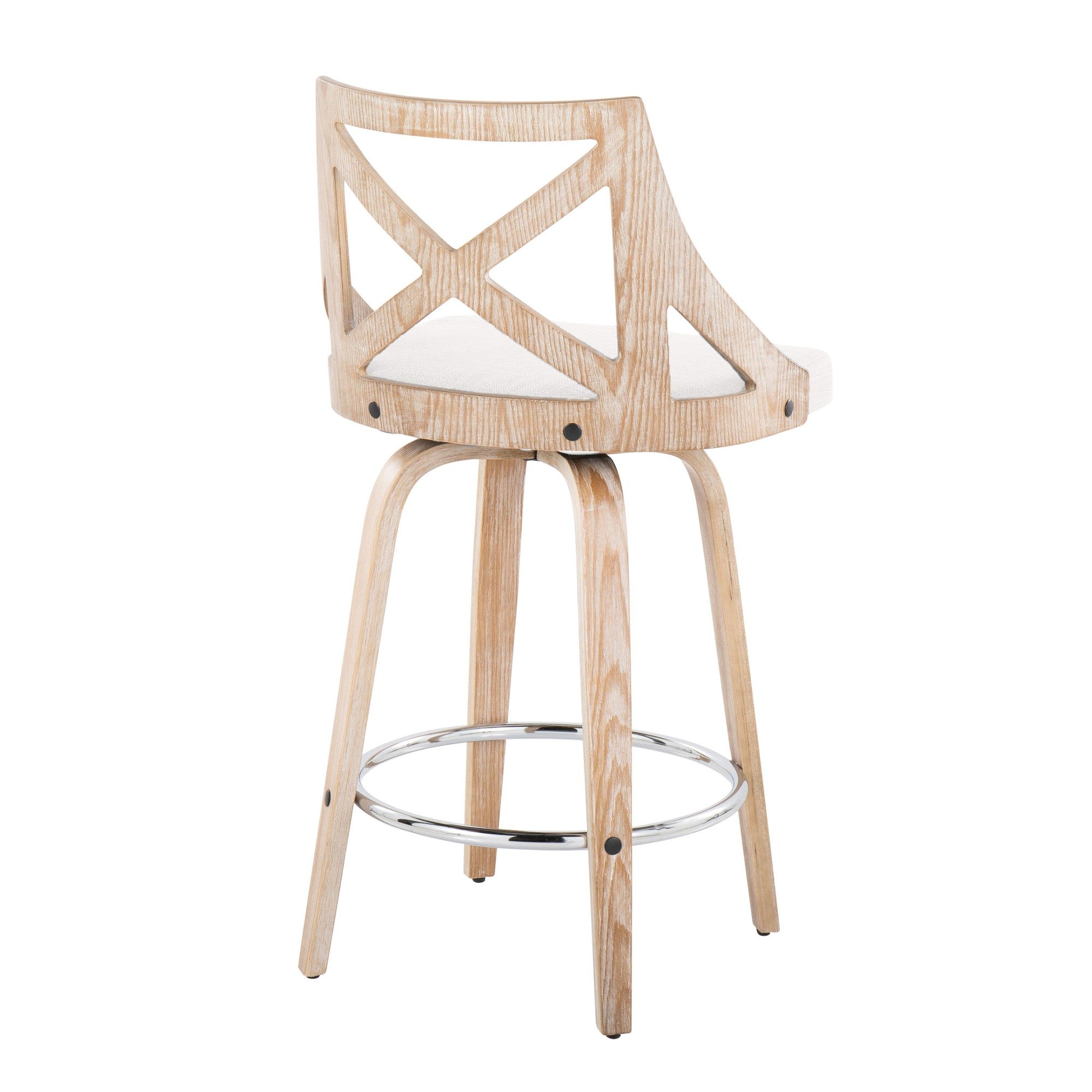 Charlotte 26" Fixed-Height Counter Stool - Set of 2 - Whitewashed Wood, Chrome Metal, Cream Fabric