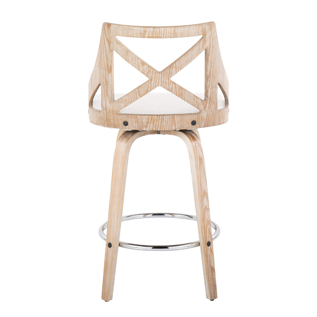 Charlotte 26" Fixed-Height Counter Stool - Set of 2 - Whitewashed Wood, Chrome Metal, Cream Fabric