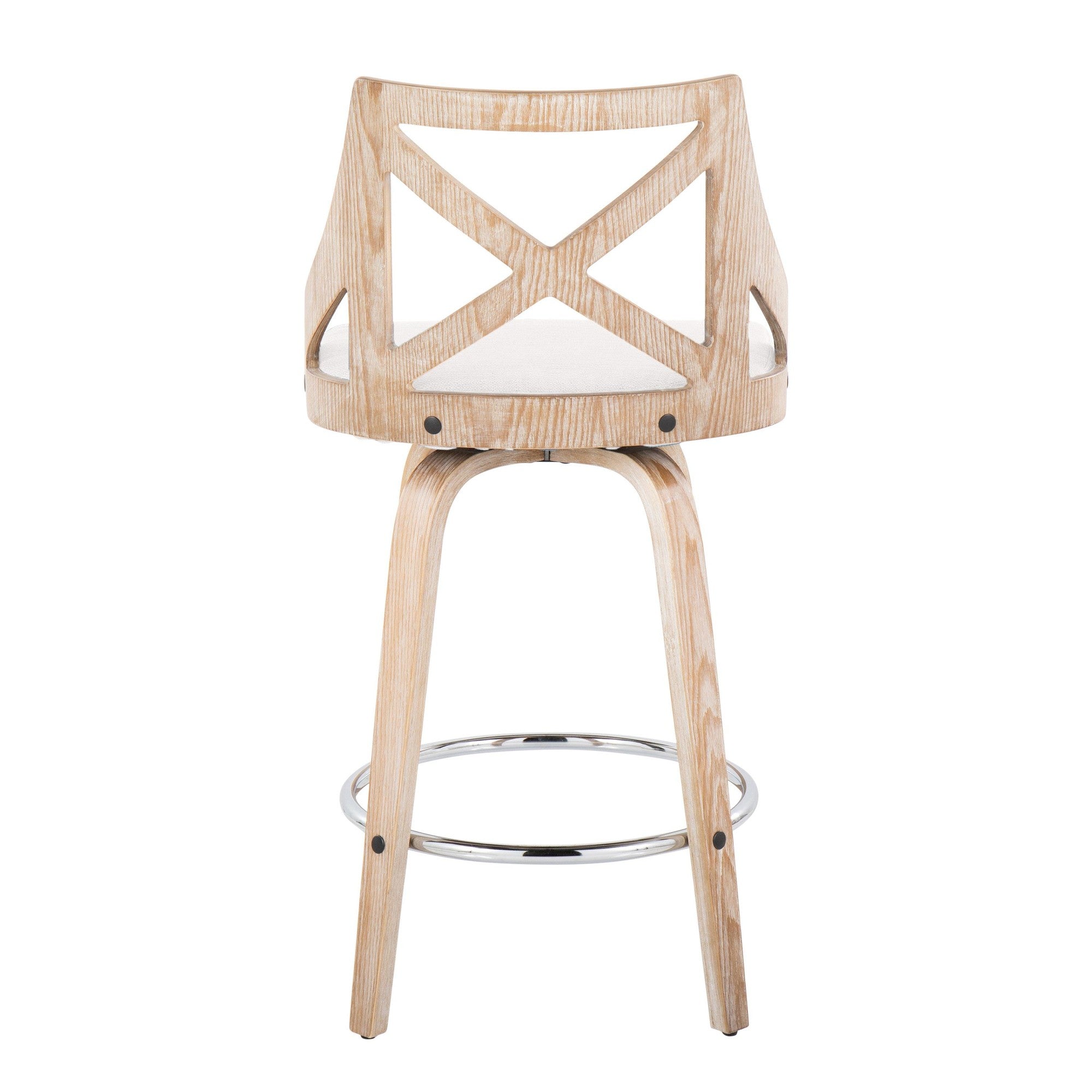 Charlotte 26" Fixed-Height Counter Stool - Set of 2 - Whitewashed Wood, Chrome Metal, Cream Fabric