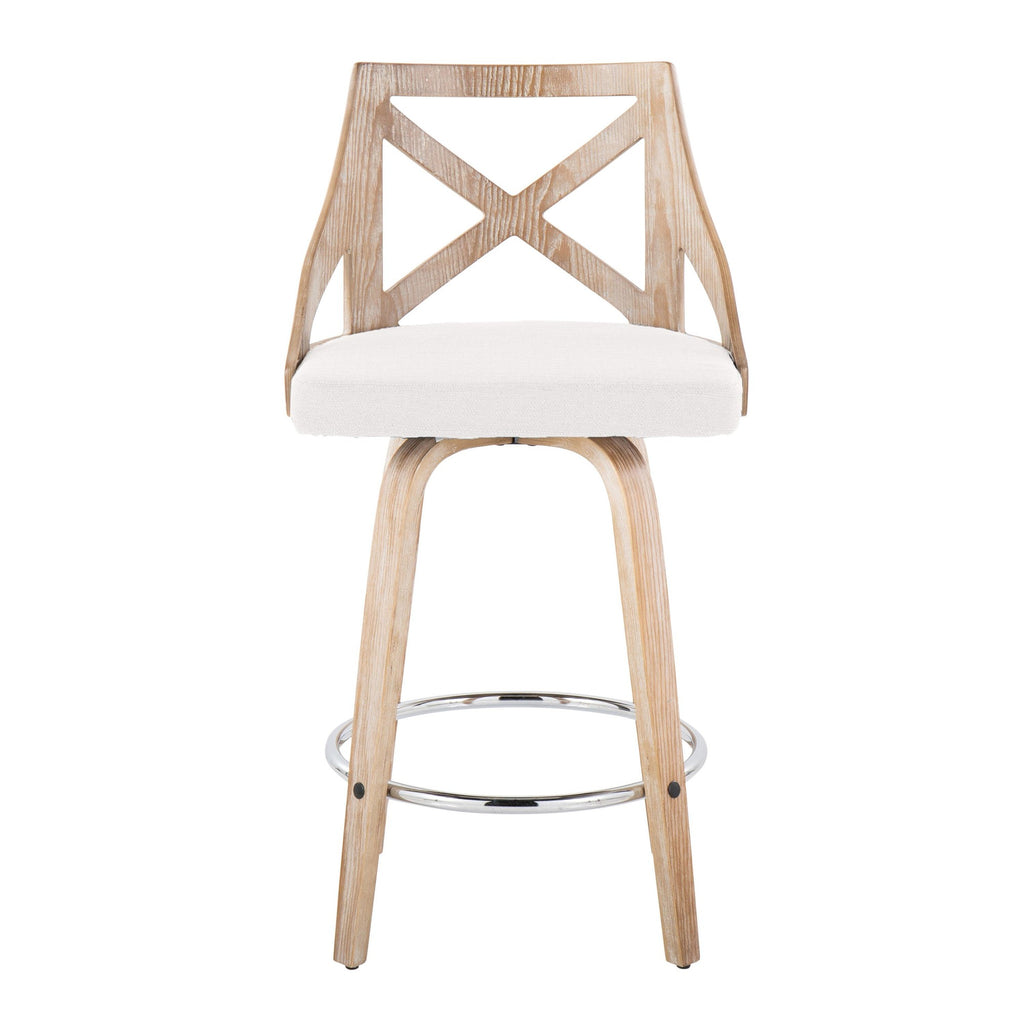 Charlotte 26" Fixed-Height Counter Stool - Set of 2 - Whitewashed Wood, Chrome Metal, Cream Fabric