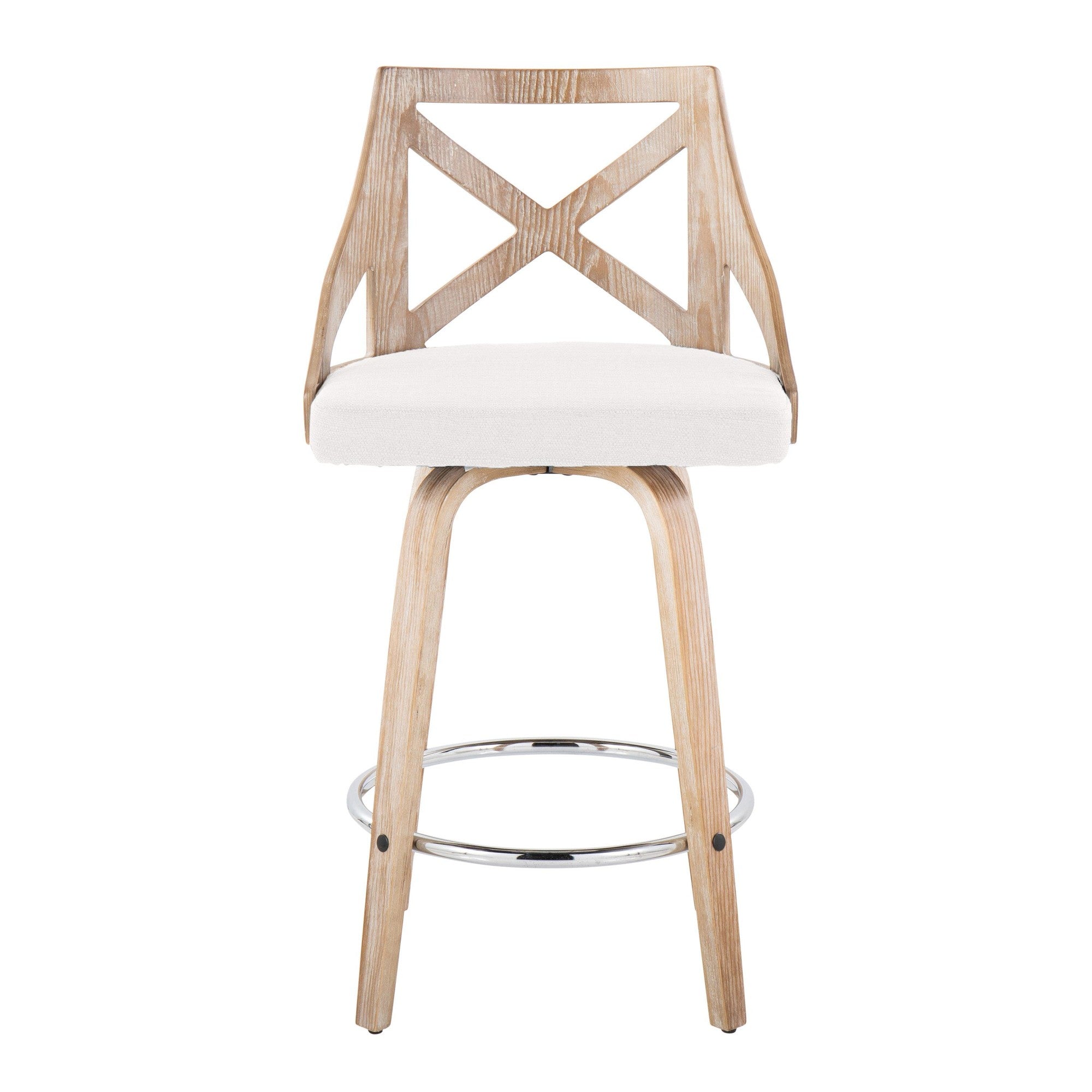 Charlotte 26" Fixed-Height Counter Stool - Set of 2 - Whitewashed Wood, Chrome Metal, Cream Fabric