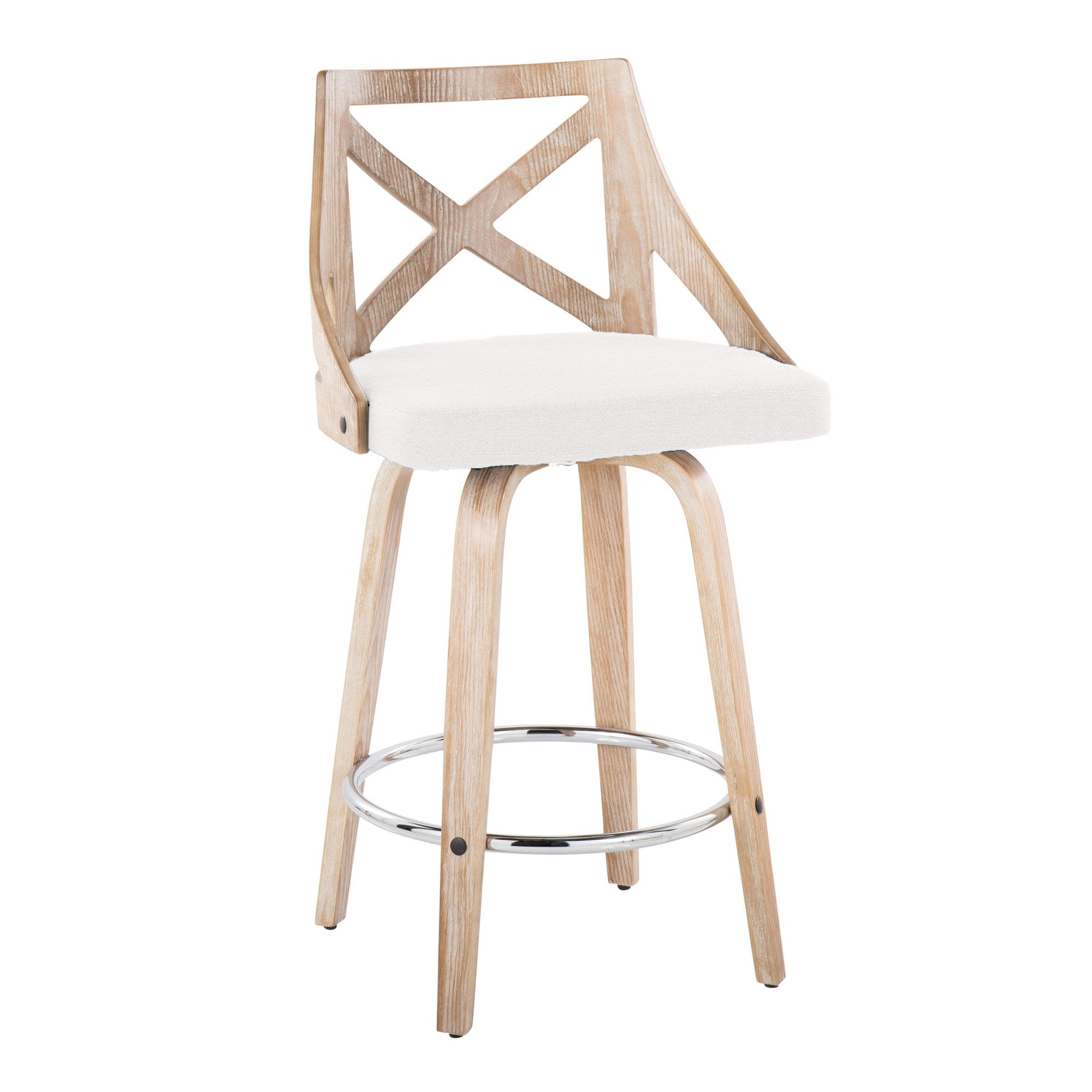 Charlotte 26" Fixed-Height Counter Stool - Set of 2 - Whitewashed Wood, Chrome Metal, Cream Fabric