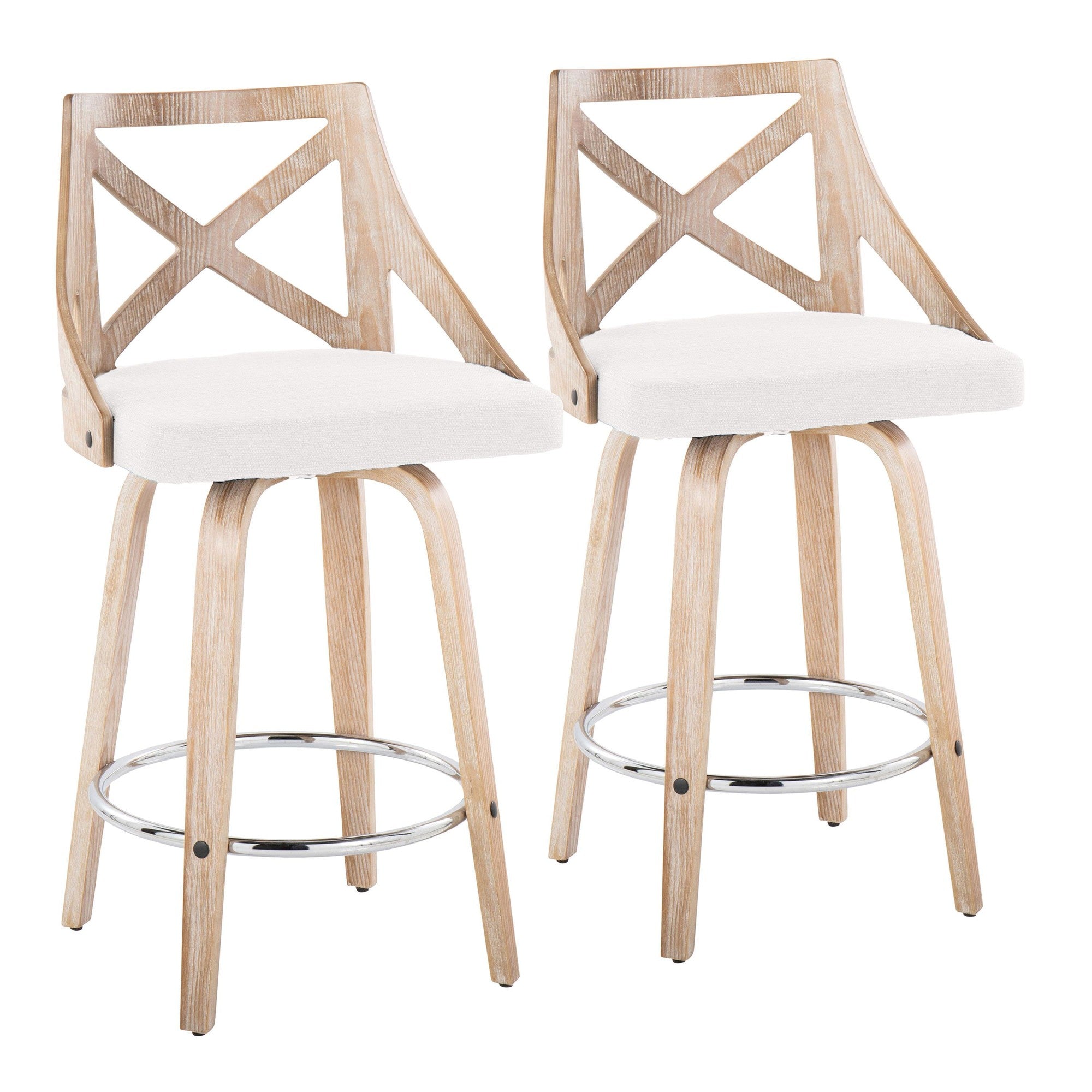 Charlotte 26" Fixed-Height Counter Stool - Set of 2 - Whitewashed Wood, Chrome Metal, Cream Fabric