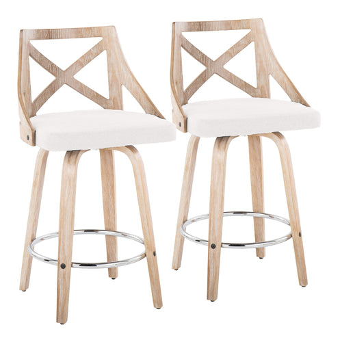 Charlotte 26" Fixed-Height Counter Stool - Set of 2 - Whitewashed Wood, Chrome Metal, Cream Fabric