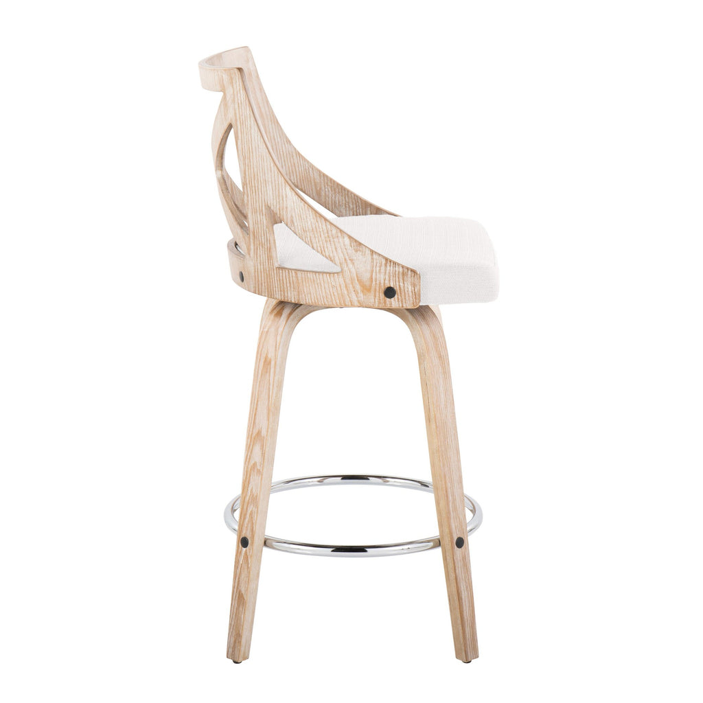 Charlotte 26" Fixed-Height Counter Stool - Set of 2 - Whitewashed Wood, Chrome Metal, Cream Fabric