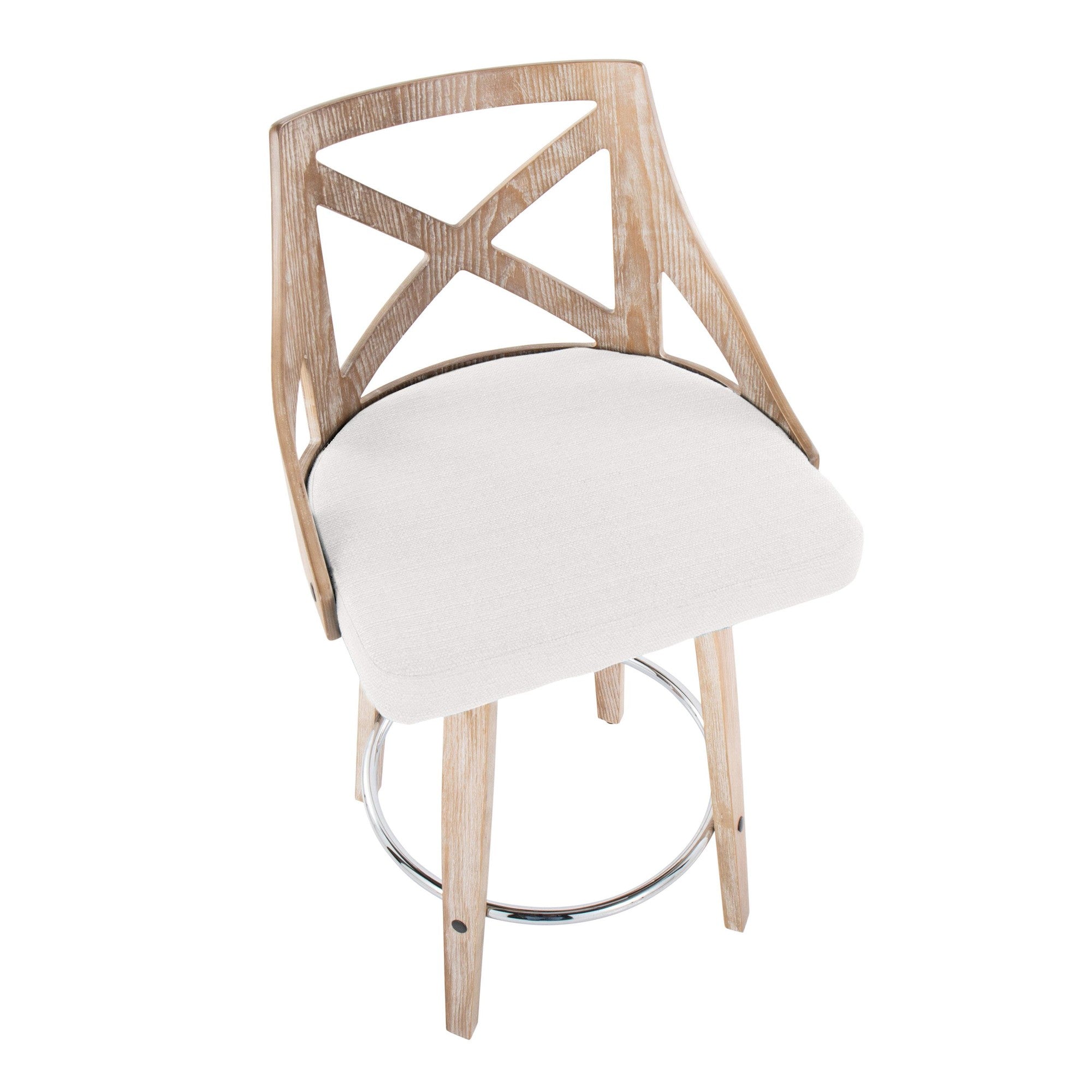 Charlotte 26" Fixed-Height Counter Stool - Set of 2 - Whitewashed Wood, Chrome Metal, Cream Fabric