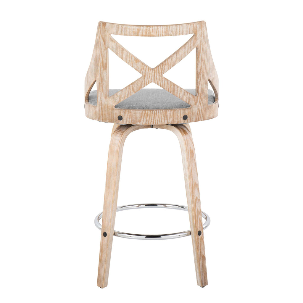 Charlotte 26" Fixed-Height Counter Stool - Set of 2 - Whitewashed Wood, Chrome Metal, Light Grey Fabric
