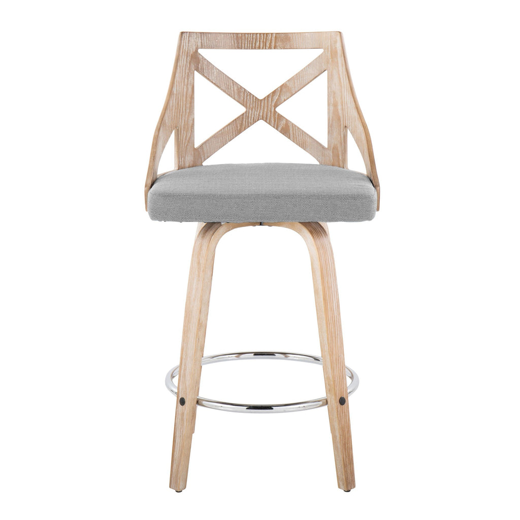 Charlotte 26" Fixed-Height Counter Stool - Set of 2 - Whitewashed Wood, Chrome Metal, Light Grey Fabric