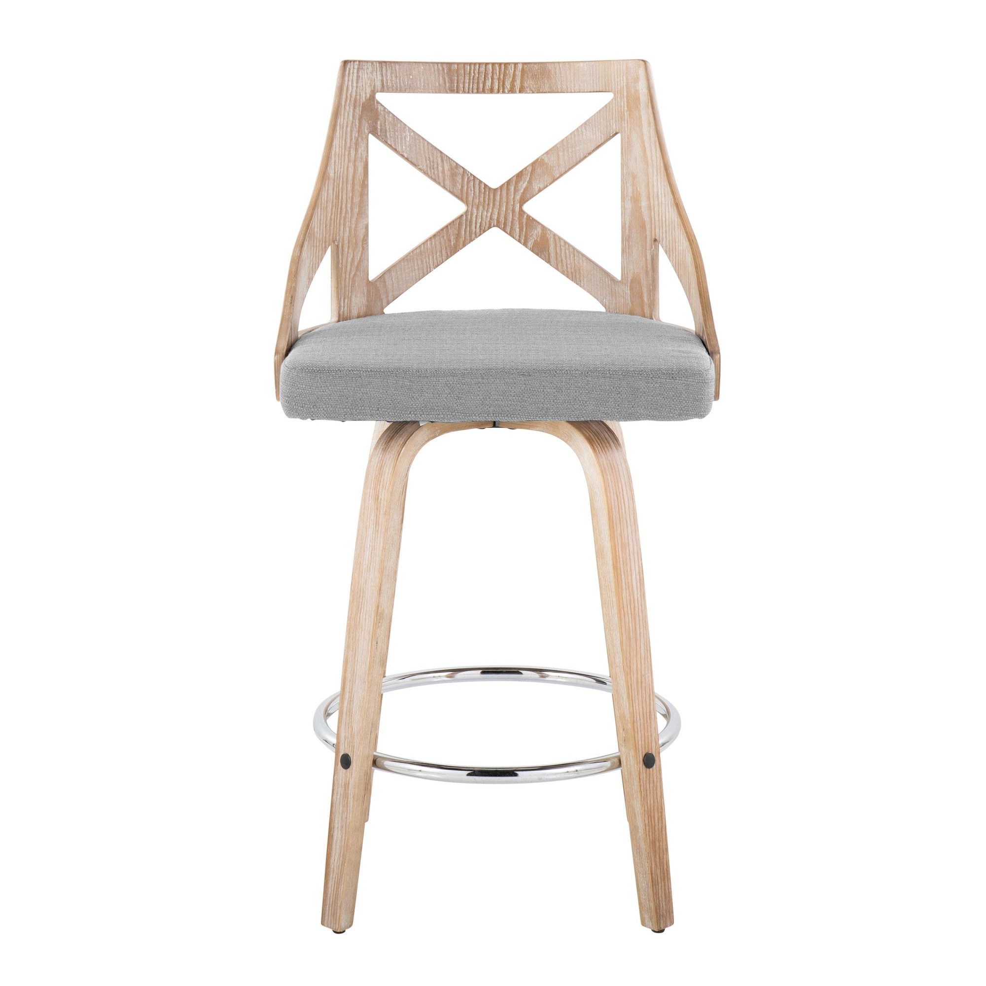 Charlotte 26" Fixed-Height Counter Stool - Set of 2 - Whitewashed Wood, Chrome Metal, Light Grey Fabric