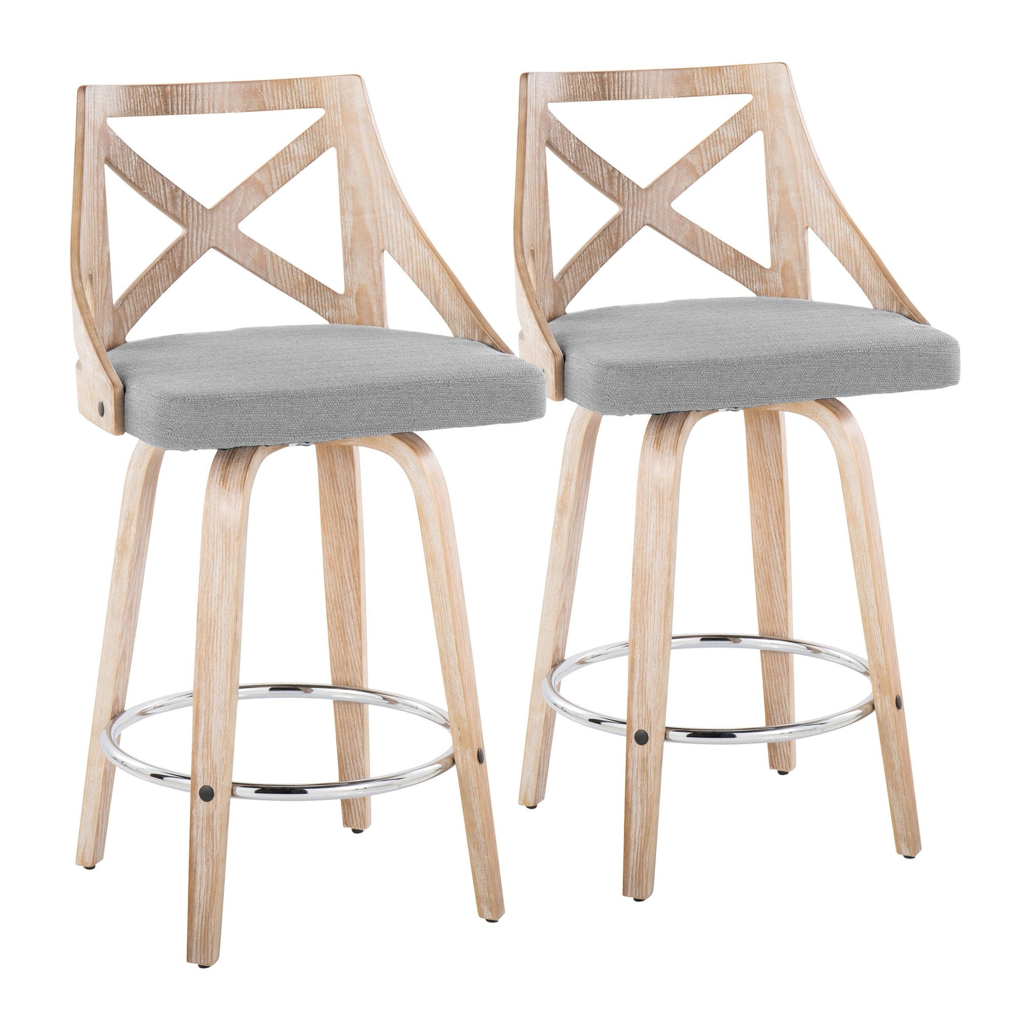 Charlotte 26" Fixed-Height Counter Stool - Set of 2 - Whitewashed Wood, Chrome Metal, Light Grey Fabric