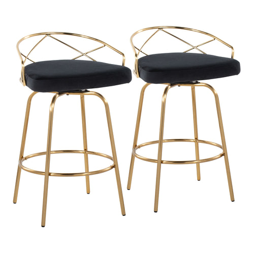 Charlotte Glam 26" Fixed-Height Counter Stool - Set of 2 - Gold Metal, Black Velvet