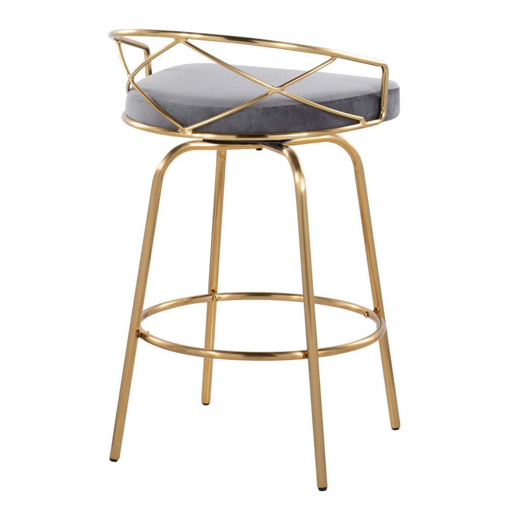 Charlotte Glam 26" Fixed-Height Counter Stool - Set of 2 - Gold Metal, Grey Velvet