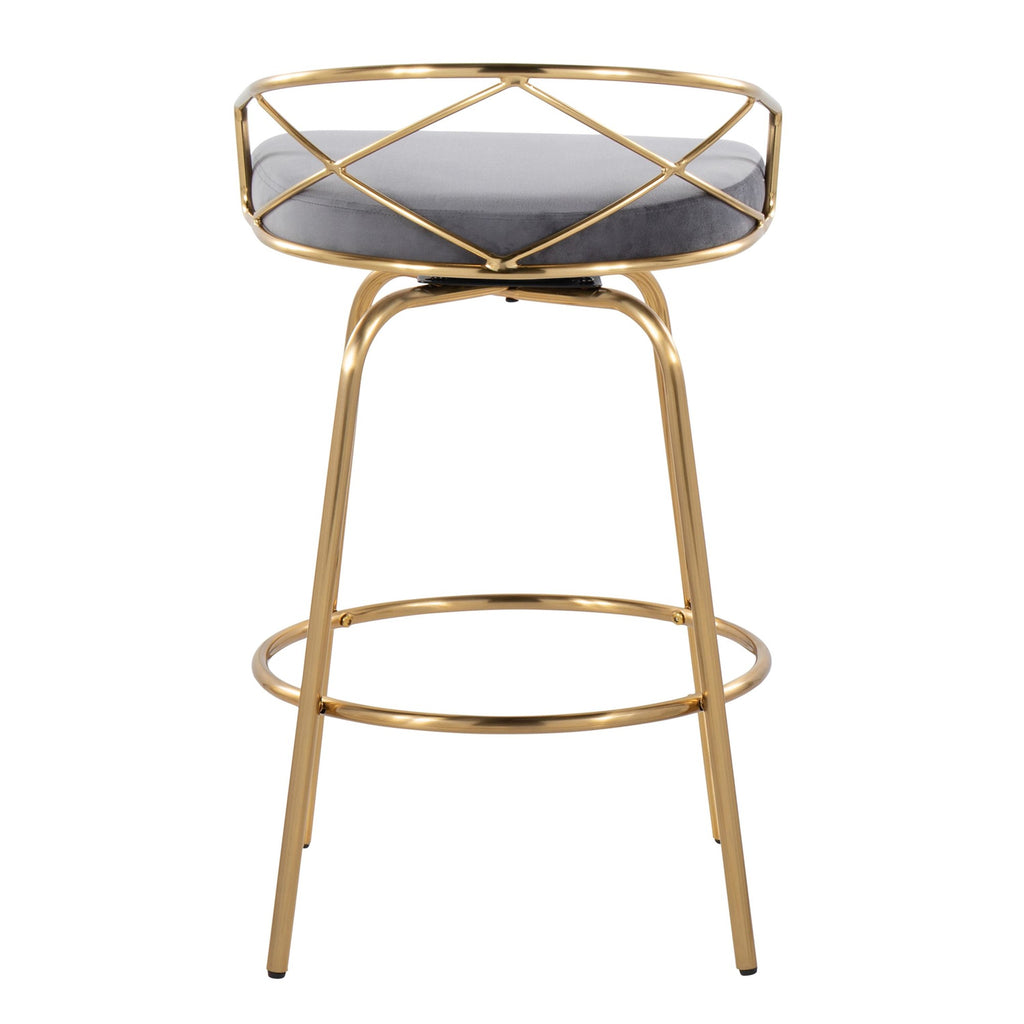 Charlotte Glam 26" Fixed-Height Counter Stool - Set of 2 - Gold Metal, Grey Velvet