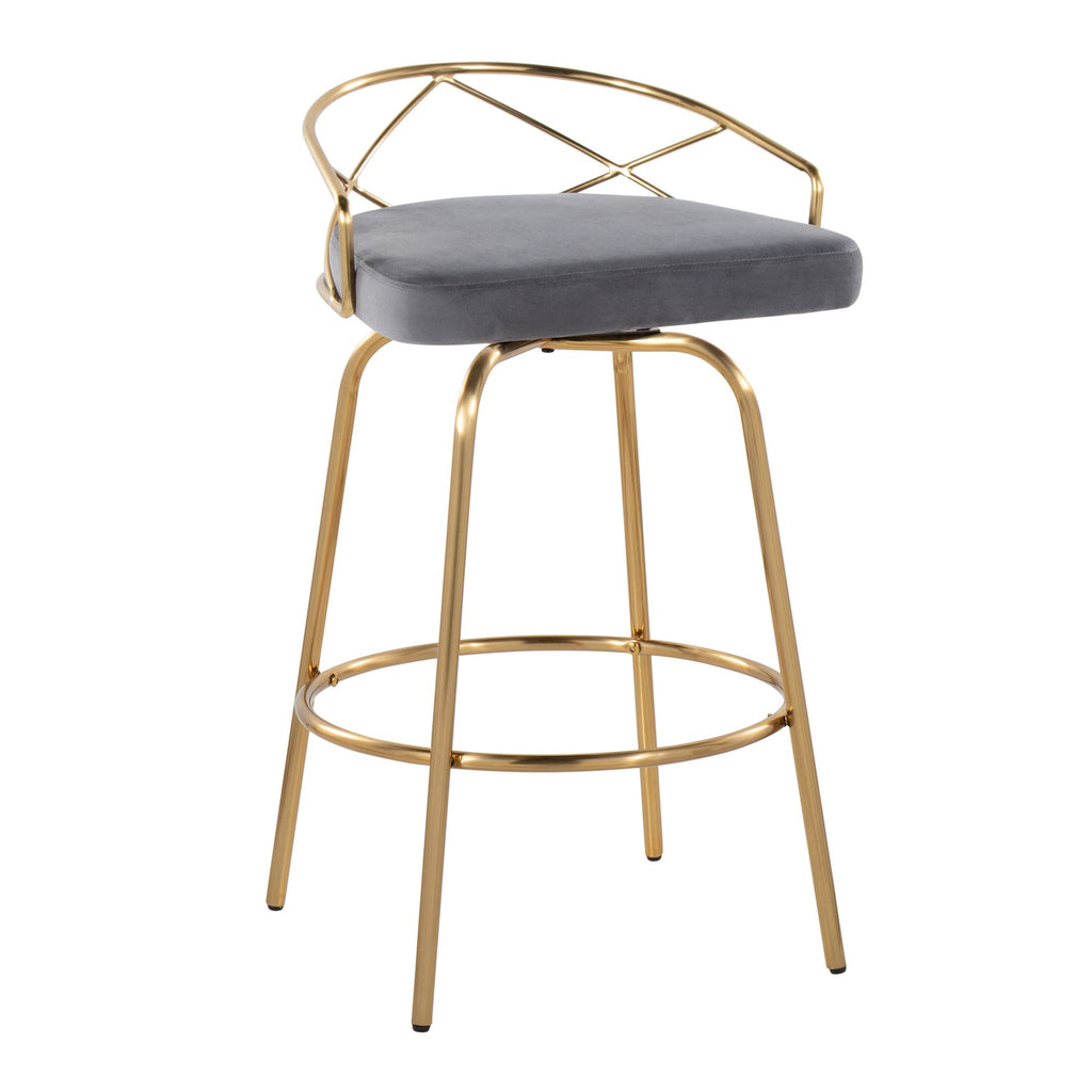 Charlotte Glam 26" Fixed-Height Counter Stool - Set of 2 - Gold Metal, Grey Velvet