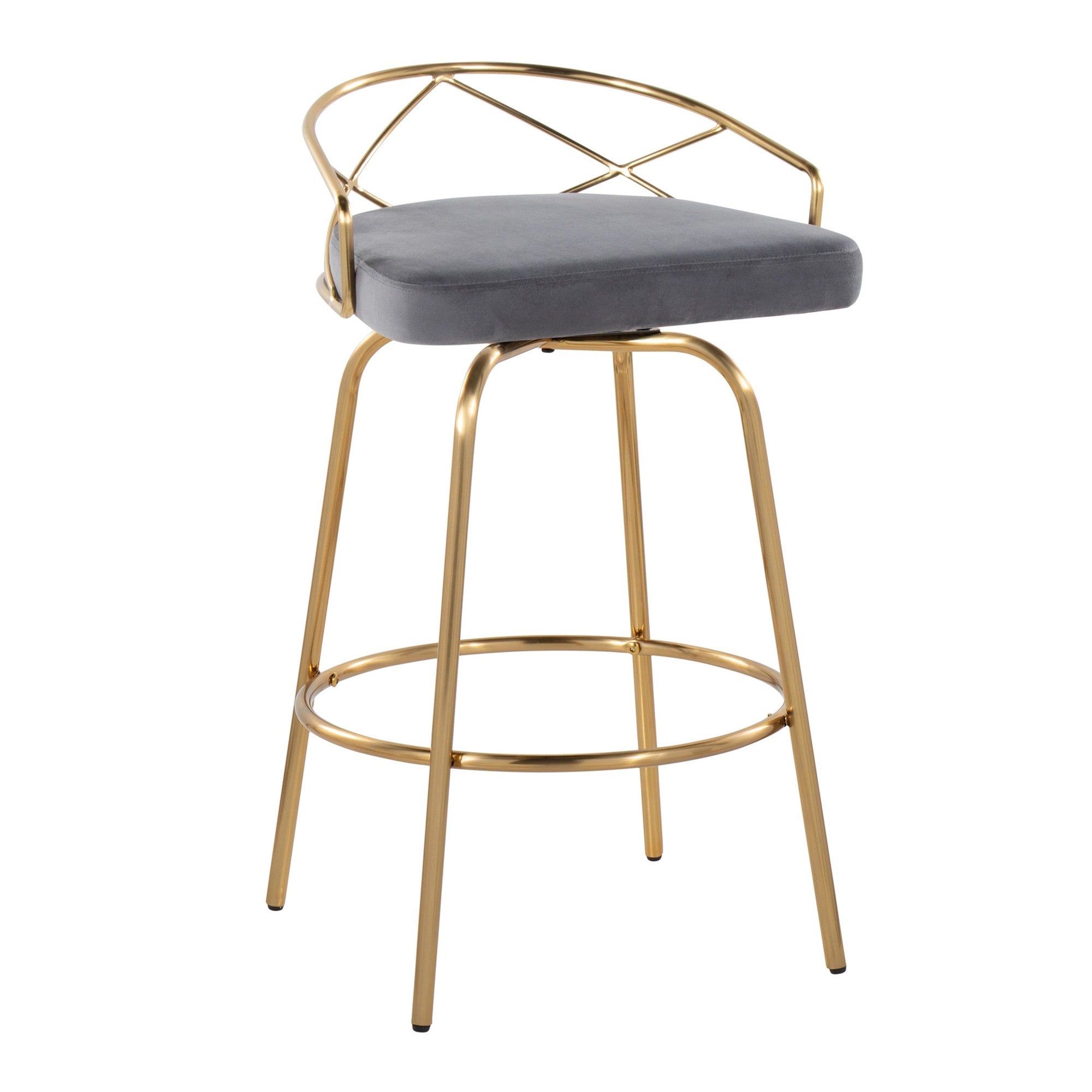 Charlotte Glam 26" Fixed-Height Counter Stool - Set of 2 - Gold Metal, Grey Velvet