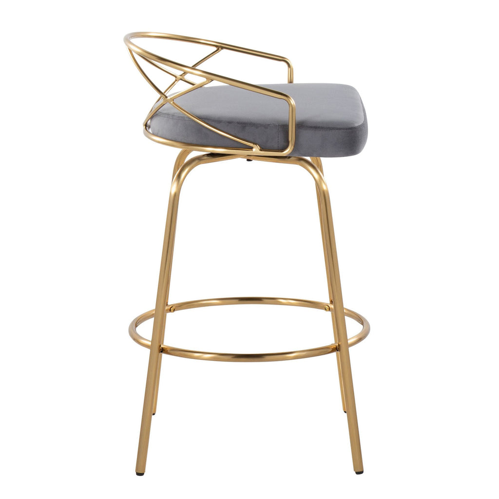 Charlotte Glam 26" Fixed-Height Counter Stool - Set of 2 - Gold Metal, Grey Velvet