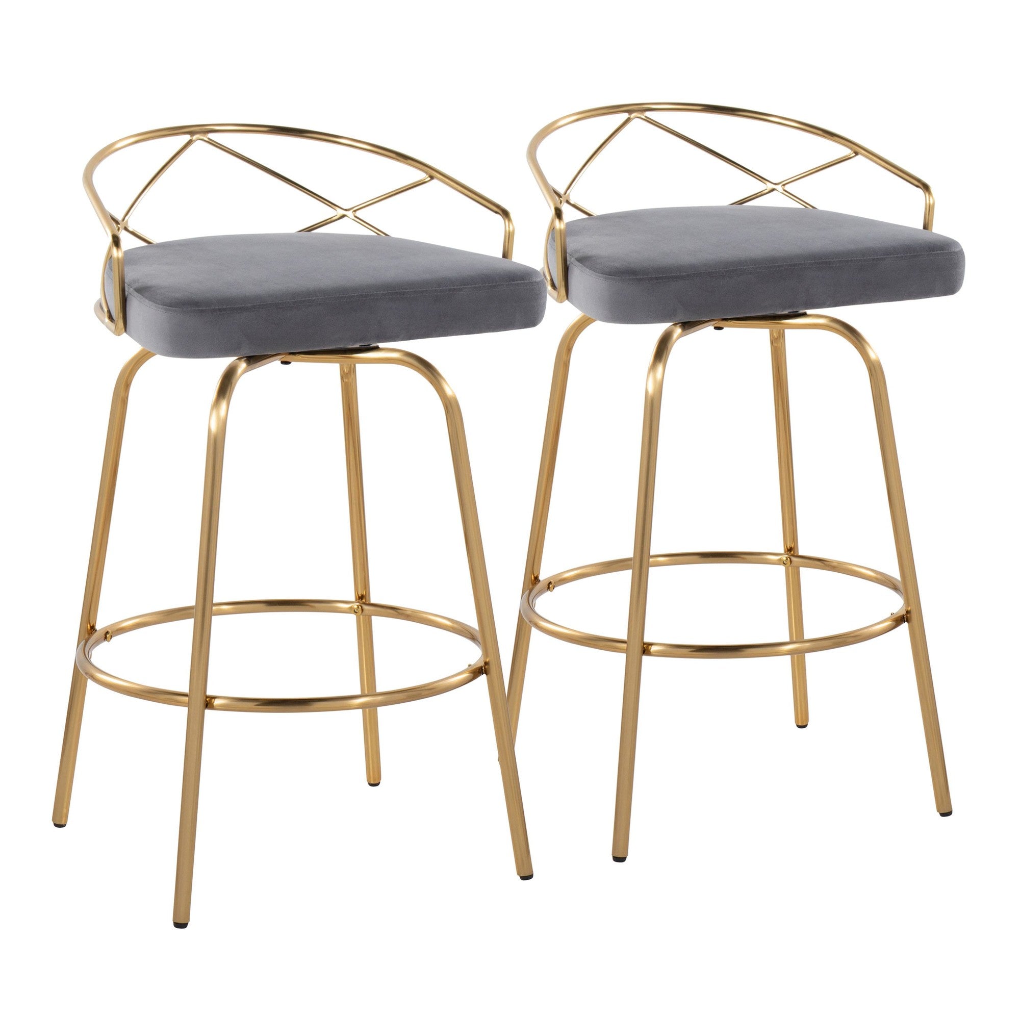 Charlotte Glam 26" Fixed-Height Counter Stool - Set of 2 - Gold Metal, Grey Velvet