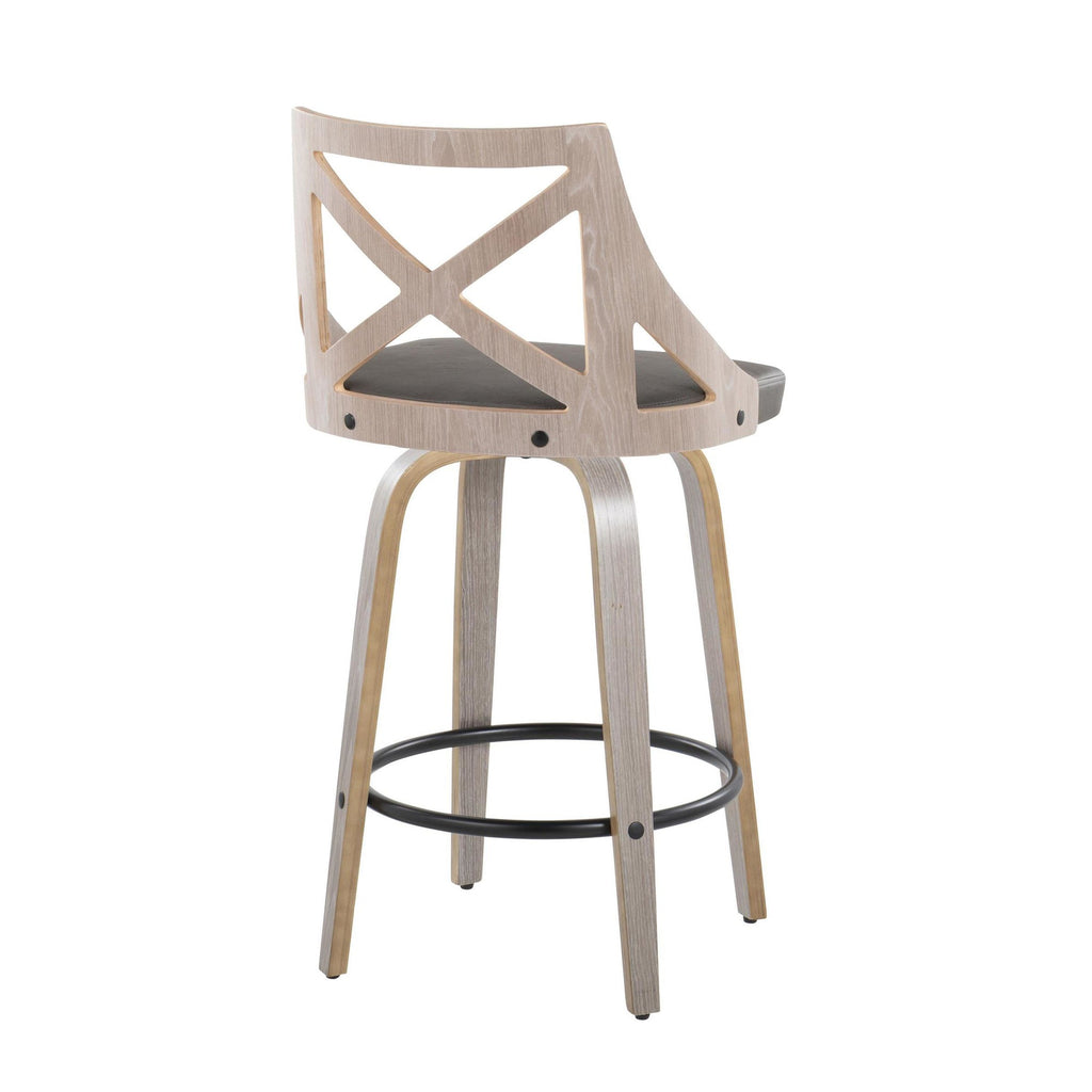 Charlotte 26" Fixed-Height Counter Stool - Set of 2 - Light Grey Wood, Grey PU, Black Metal