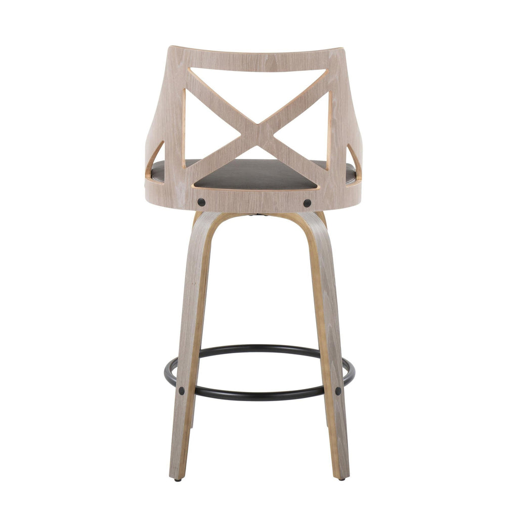 Charlotte 26" Fixed-Height Counter Stool - Set of 2 - Light Grey Wood, Grey PU, Black Metal