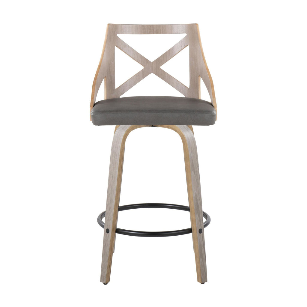 Charlotte 26" Fixed-Height Counter Stool - Set of 2 - Light Grey Wood, Grey PU, Black Metal