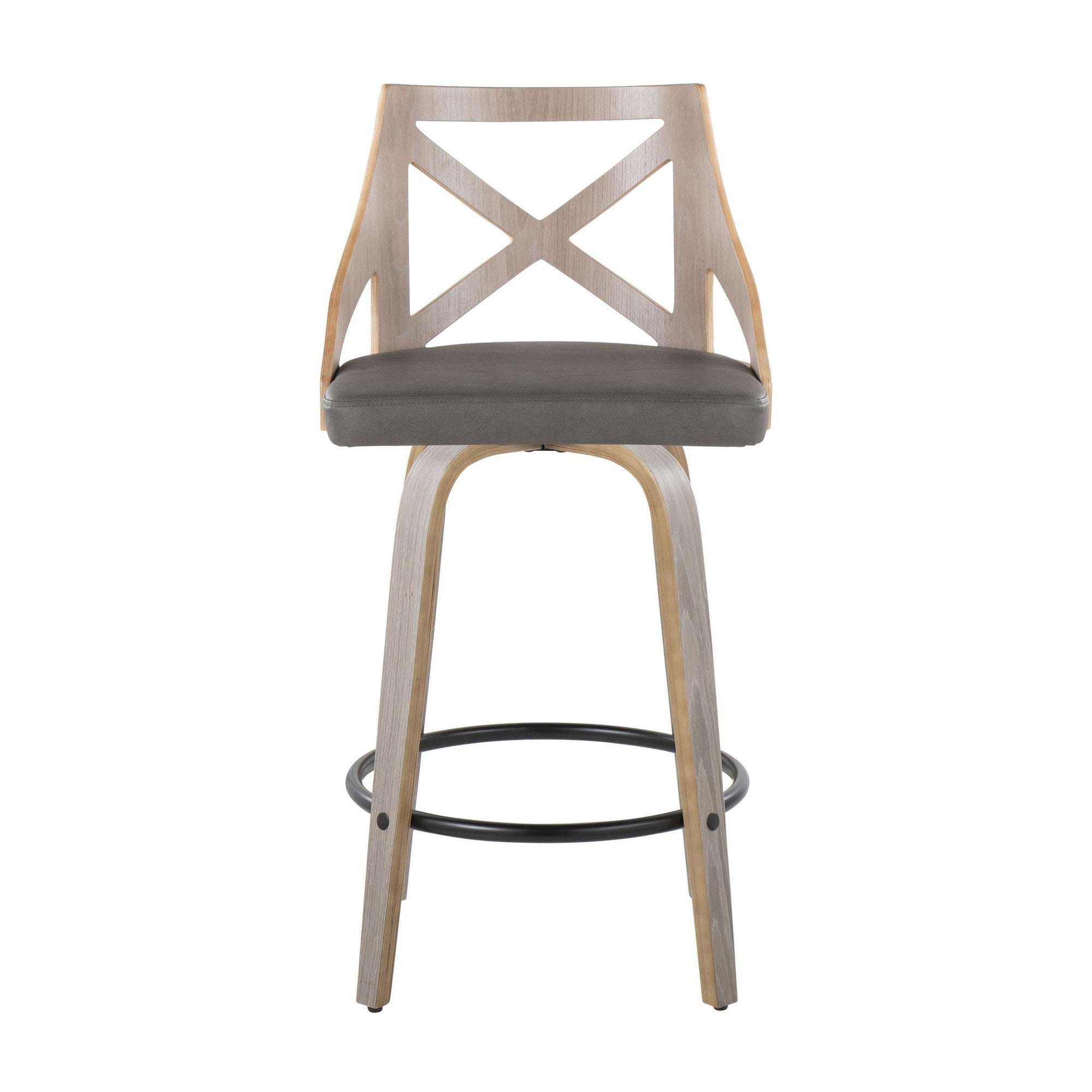 Charlotte 26" Fixed-Height Counter Stool - Set of 2 - Light Grey Wood, Grey PU, Black Metal