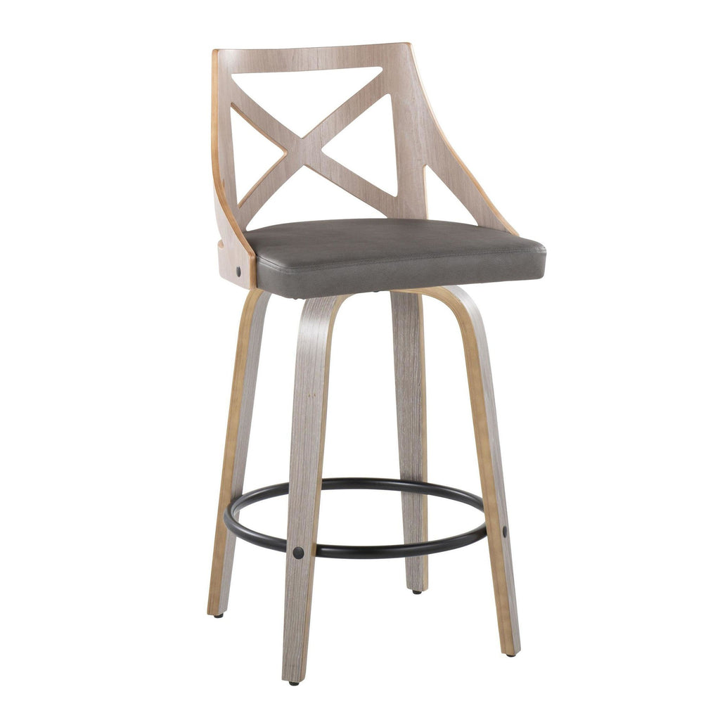 Charlotte 26" Fixed-Height Counter Stool - Set of 2 - Light Grey Wood, Grey PU, Black Metal