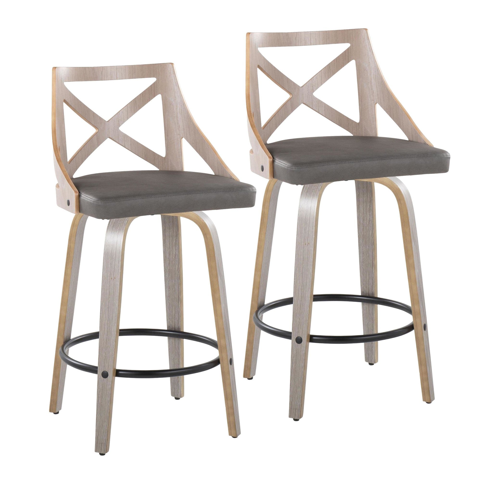 Charlotte 26" Fixed-Height Counter Stool - Set of 2 - Light Grey Wood, Grey PU, Black Metal