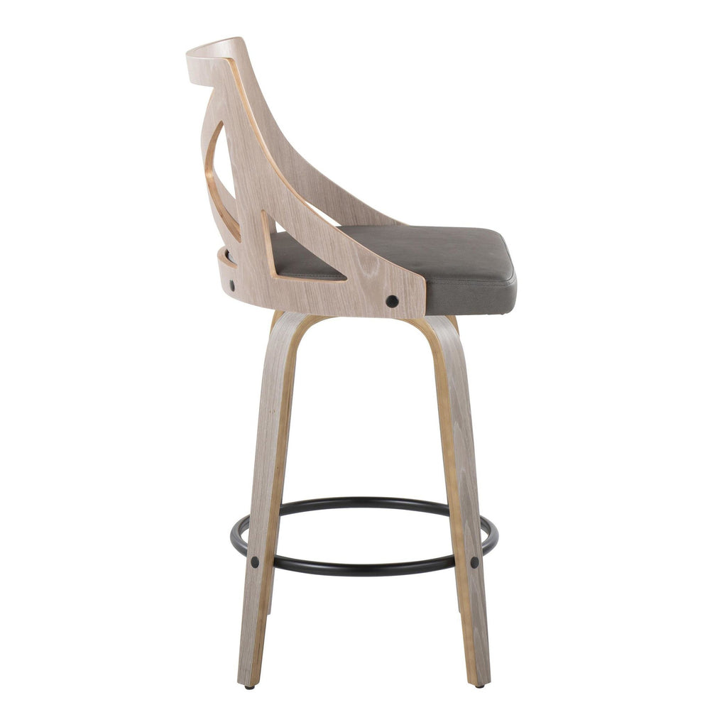 Charlotte 26" Fixed-Height Counter Stool - Set of 2 - Light Grey Wood, Grey PU, Black Metal