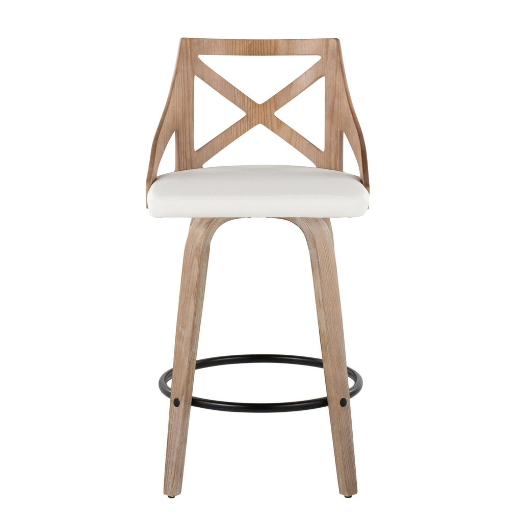 Charlotte 26" Fixed-Height Counter Stool - Set of 2 - Whitewashed Wood, White PU, Black Metal