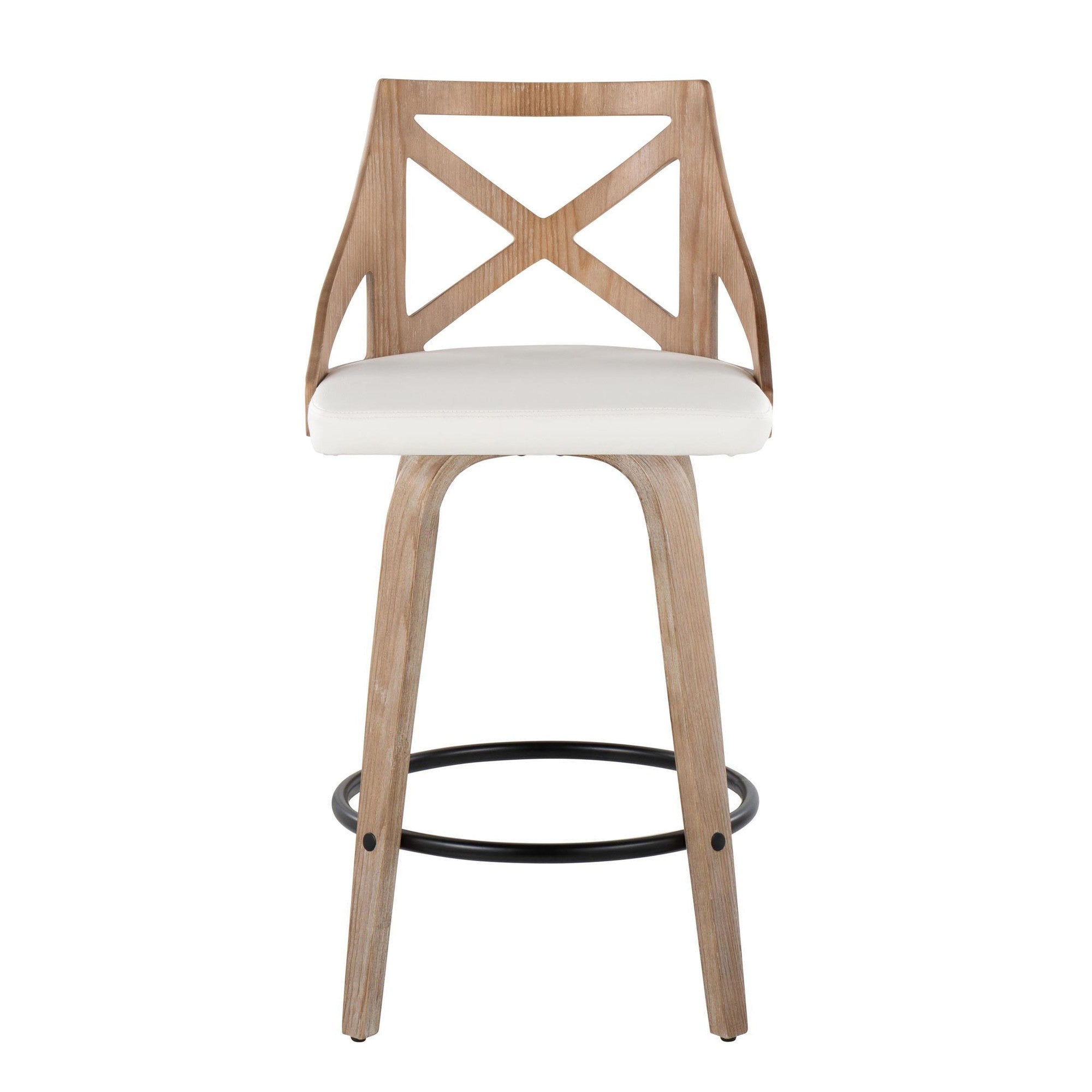 Charlotte 26" Fixed-Height Counter Stool - Set of 2 - Whitewashed Wood, White PU, Black Metal