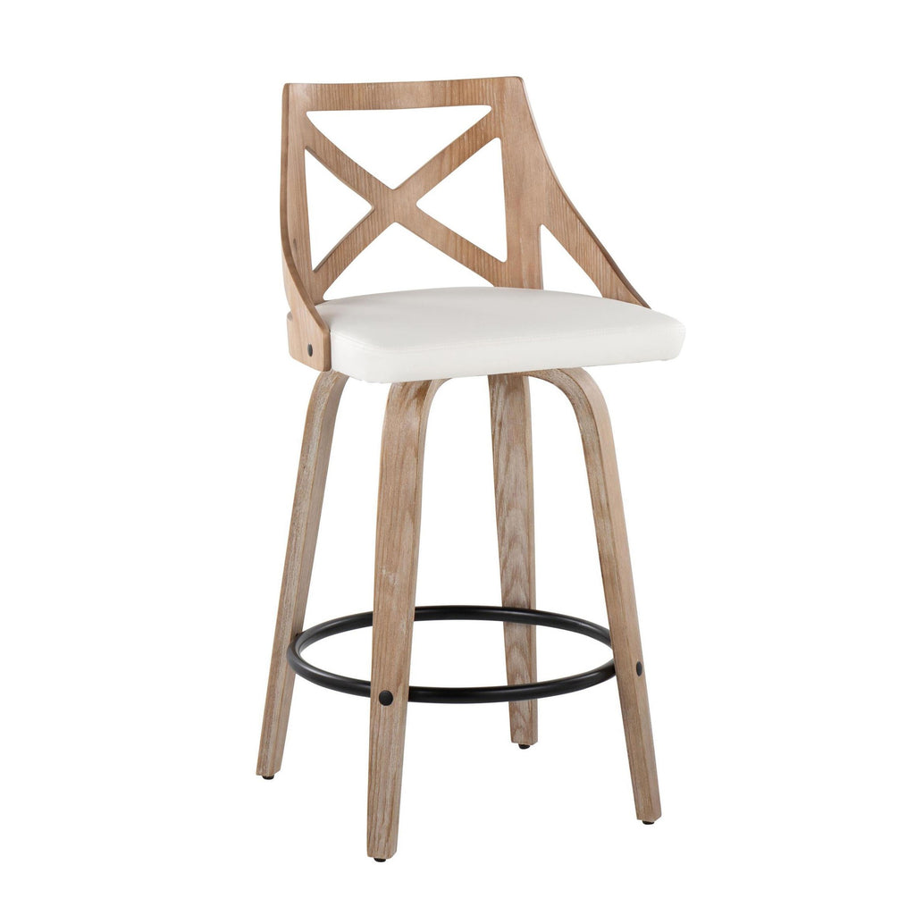 Charlotte 26" Fixed-Height Counter Stool - Set of 2 - Whitewashed Wood, White PU, Black Metal