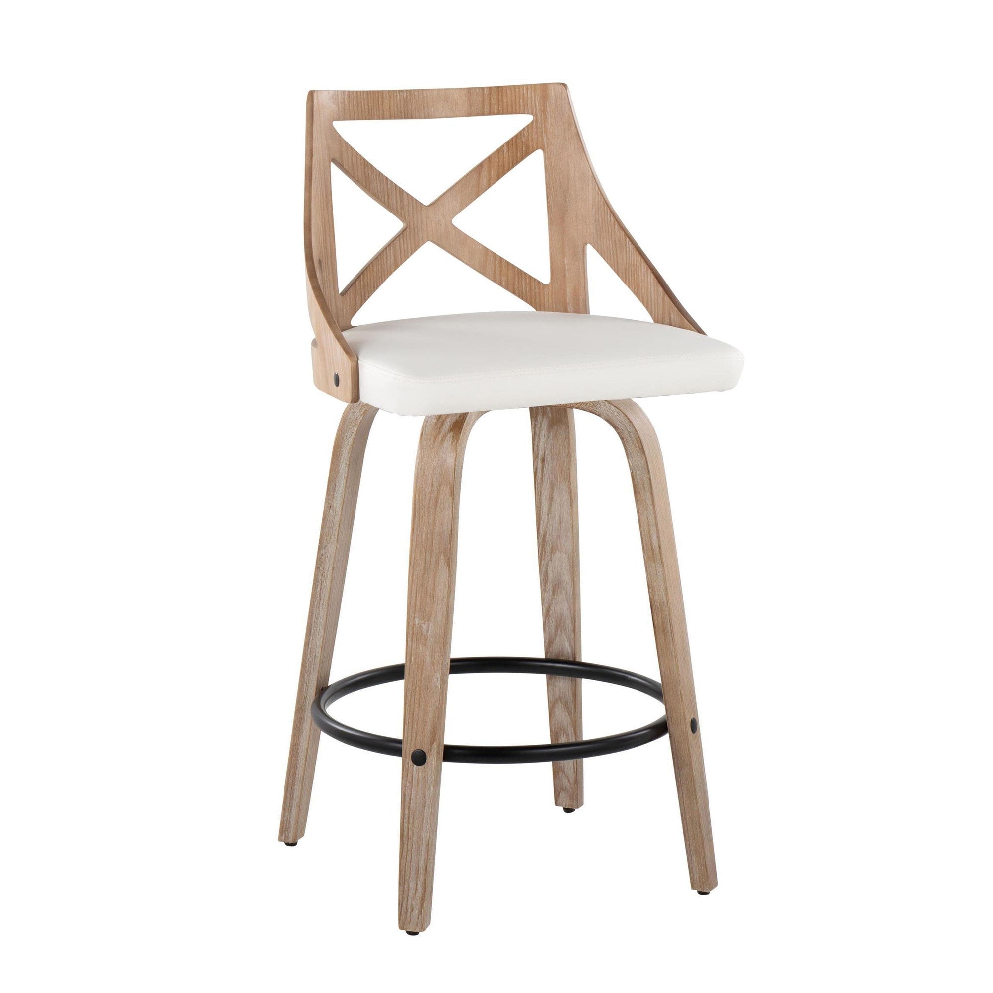 Charlotte 26" Fixed-Height Counter Stool - Set of 2 - Whitewashed Wood, White PU, Black Metal