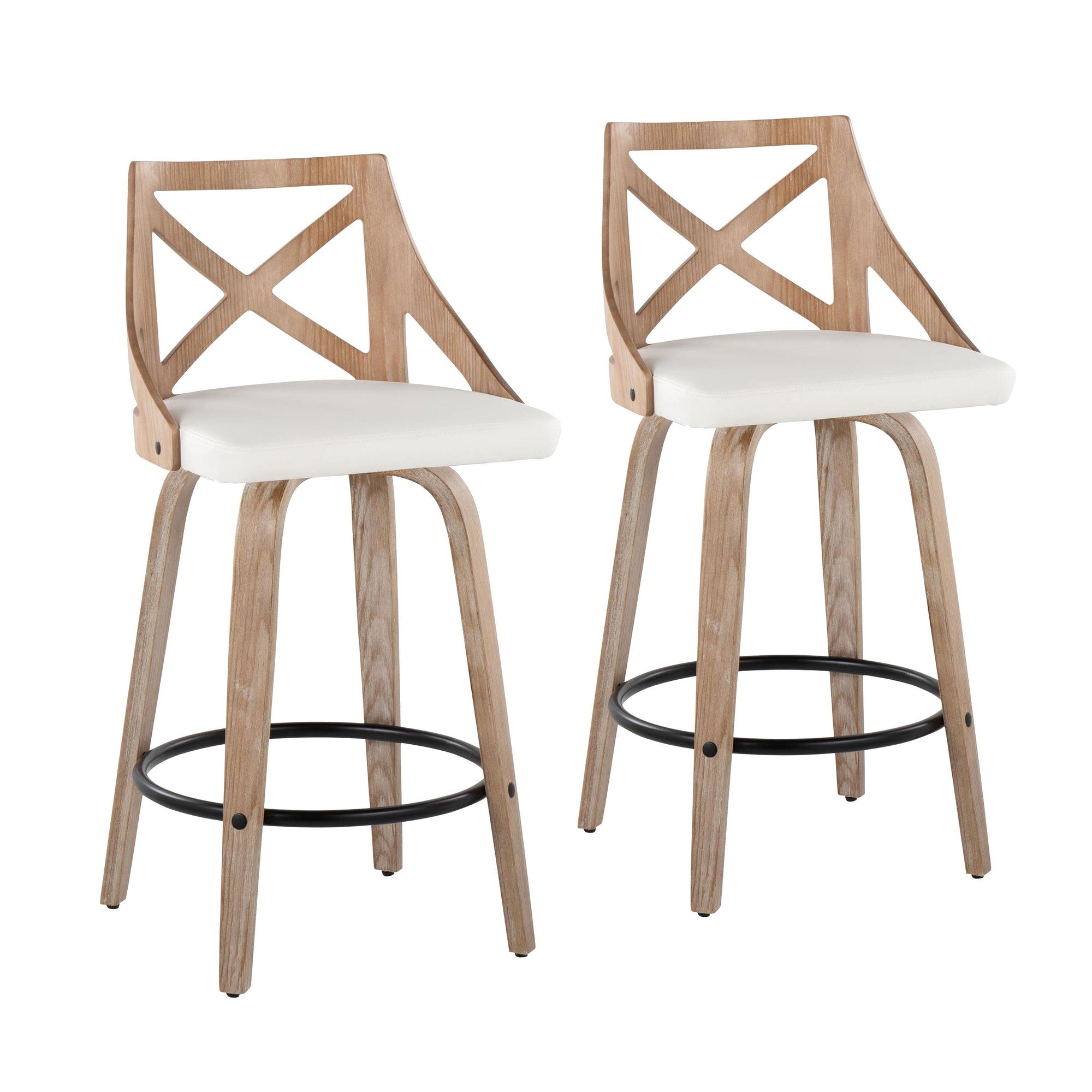 Charlotte 26" Fixed-Height Counter Stool - Set of 2 - Whitewashed Wood, White PU, Black Metal