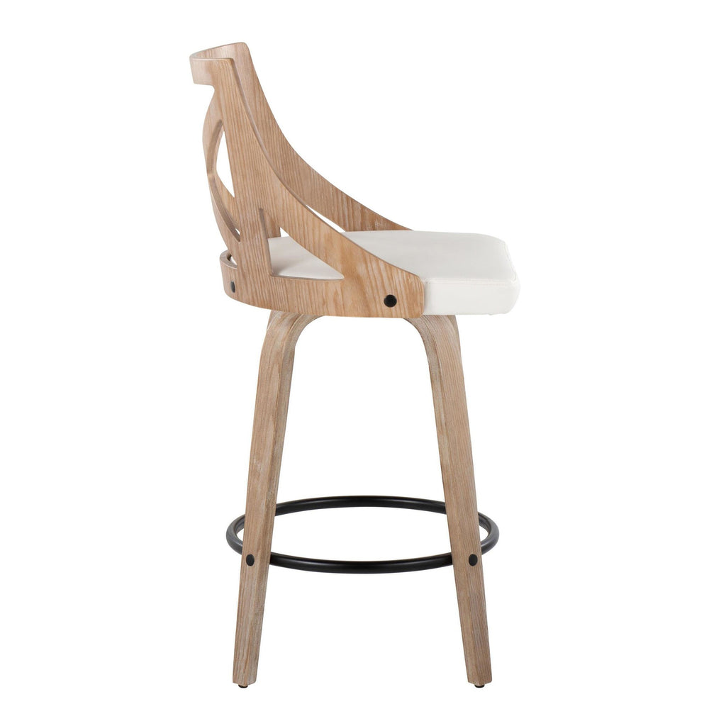 Charlotte 26" Fixed-Height Counter Stool - Set of 2 - Whitewashed Wood, White PU, Black Metal