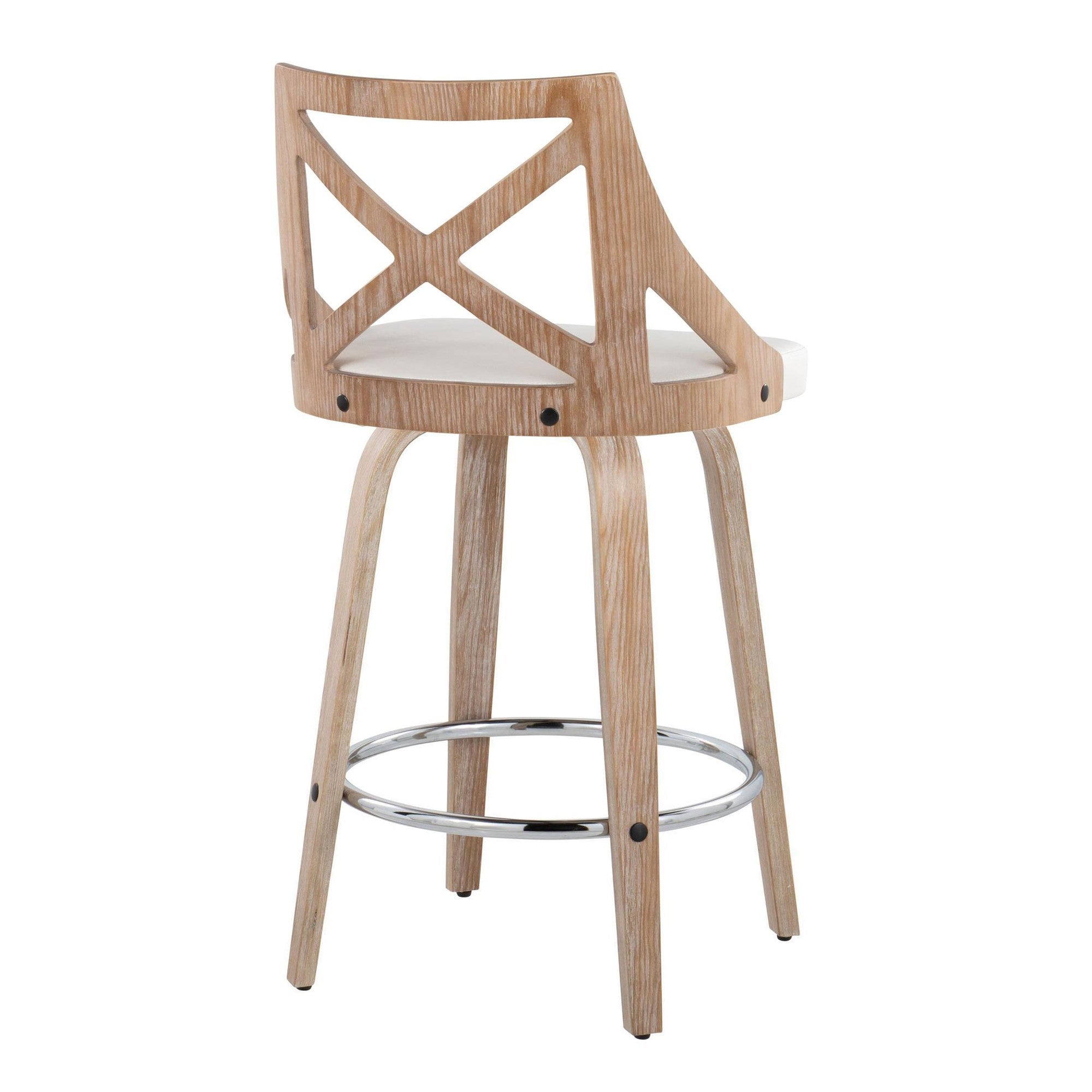 Charlotte 26" Fixed-Height Counter Stool - Set of 2 - Whitewashed Wood, White PU, Chrome Metal
