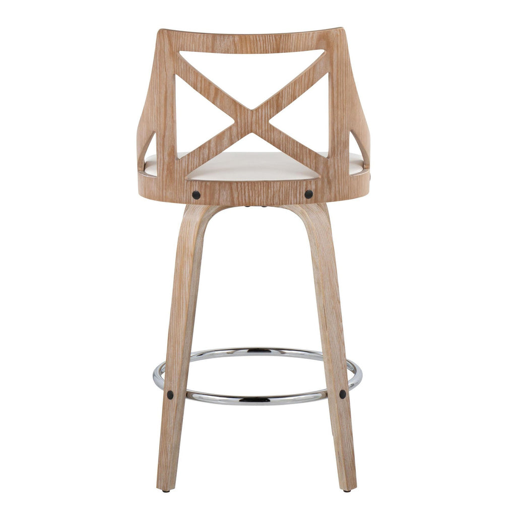 Charlotte 26" Fixed-Height Counter Stool - Set of 2 - Whitewashed Wood, White PU, Chrome Metal