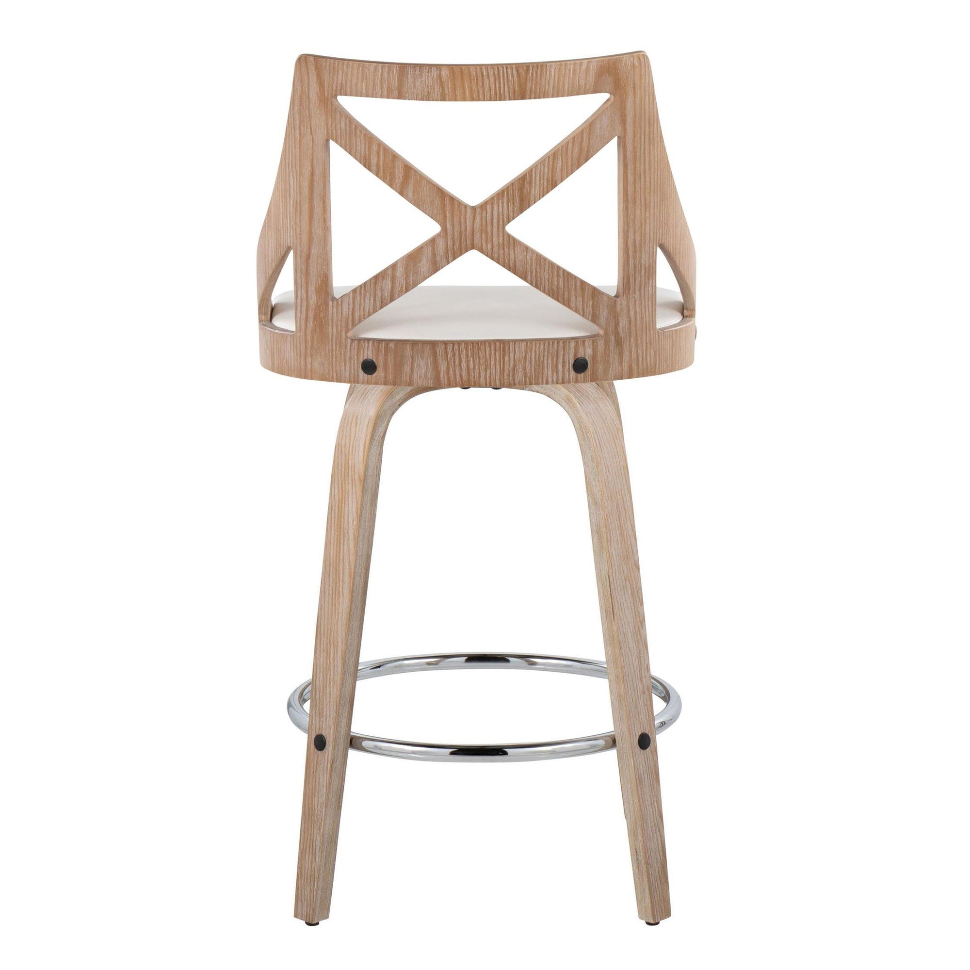 Charlotte 26" Fixed-Height Counter Stool - Set of 2 - Whitewashed Wood, White PU, Chrome Metal